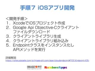 手順７ iOSアプリ開発
＜開発手順＞
１．XcodeでiOSプロジェクト作成
２．Google Api Objective-Cクライアント
  ファイルダウンロード
３．クライアントライブラリ生成
４．クライアントライブラリ組み込み
５．Endpointクラスをインスタンス化し
  APIメソッドを実行
詳細解説
https://sites.google.com/a/image-pit.com/gae/cloudendpoint#TOC-Endpoint-iOS-
 
