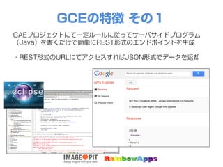 GCEの特徴 その１
GAEプロジェクトにて一定ルールに従ってサーバサイドプログラム
（Java）を書くだけで簡単にREST形式のエンドポイントを生成
・REST形式のURLにてアクセスすればJSON形式でデータを返却
 