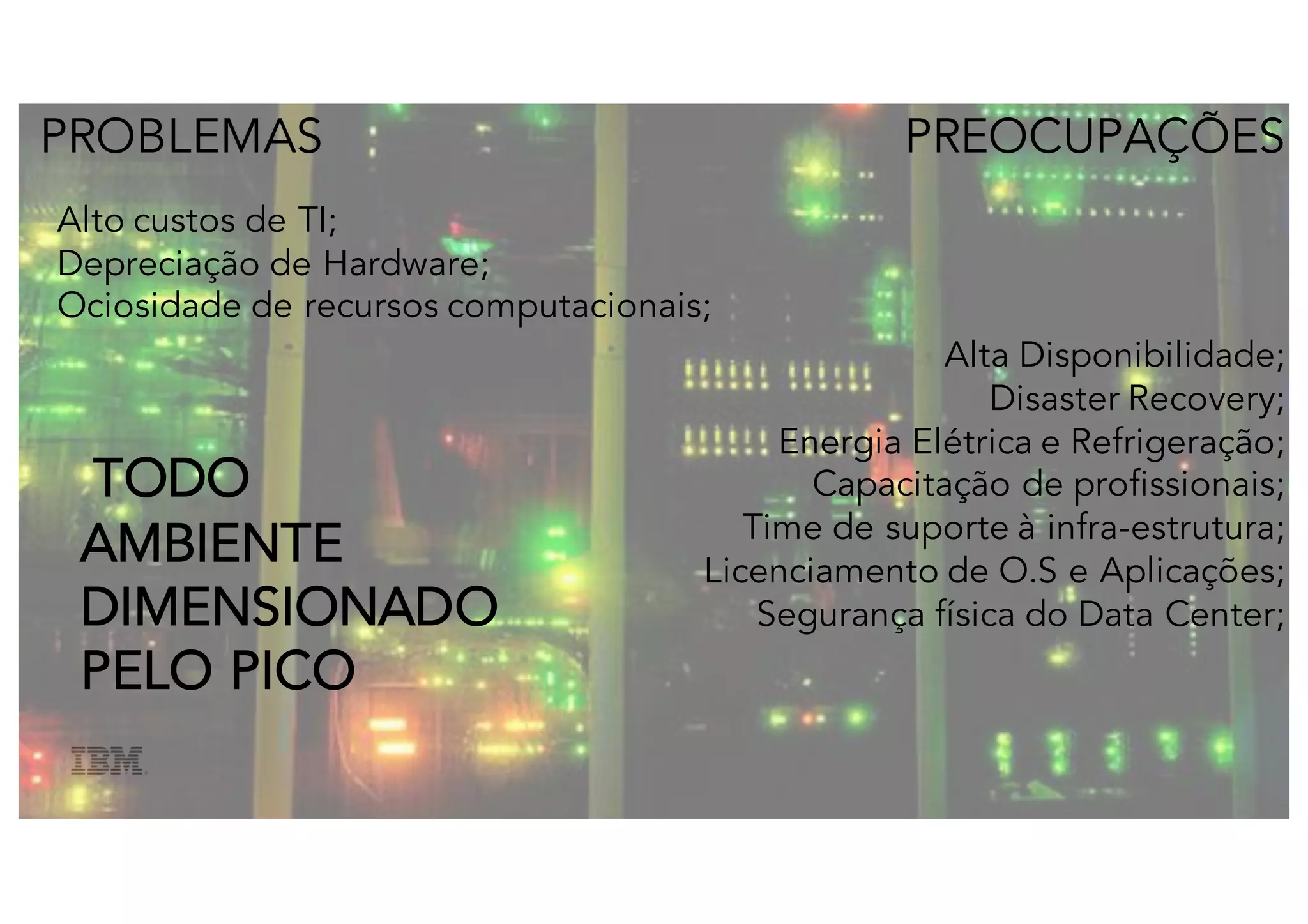 PROBLEMAS
Alto custos de TI;
Depreciação de Hardware;
Ociosidade de recursos computacionais;
PREOCUPAÇÕES
Alta Disponibilidade;
Disaster Recovery;
Energia Elétrica e Refrigeração;
Capacitação de profissionais;
Time de suporte à infra-estrutura;
Licenciamento de O.S e Aplicações;
Segurança física do Data Center;
TODO
AMBIENTE
DIMENSIONADO
PELO PICO
 