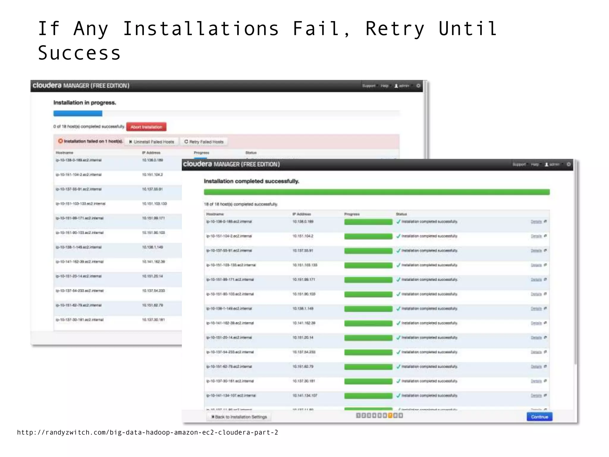 If Any Installations Fail, Retry Until
Success
http://randyzwitch.com/big-data-hadoop-amazon-ec2-cloudera-part-2
 