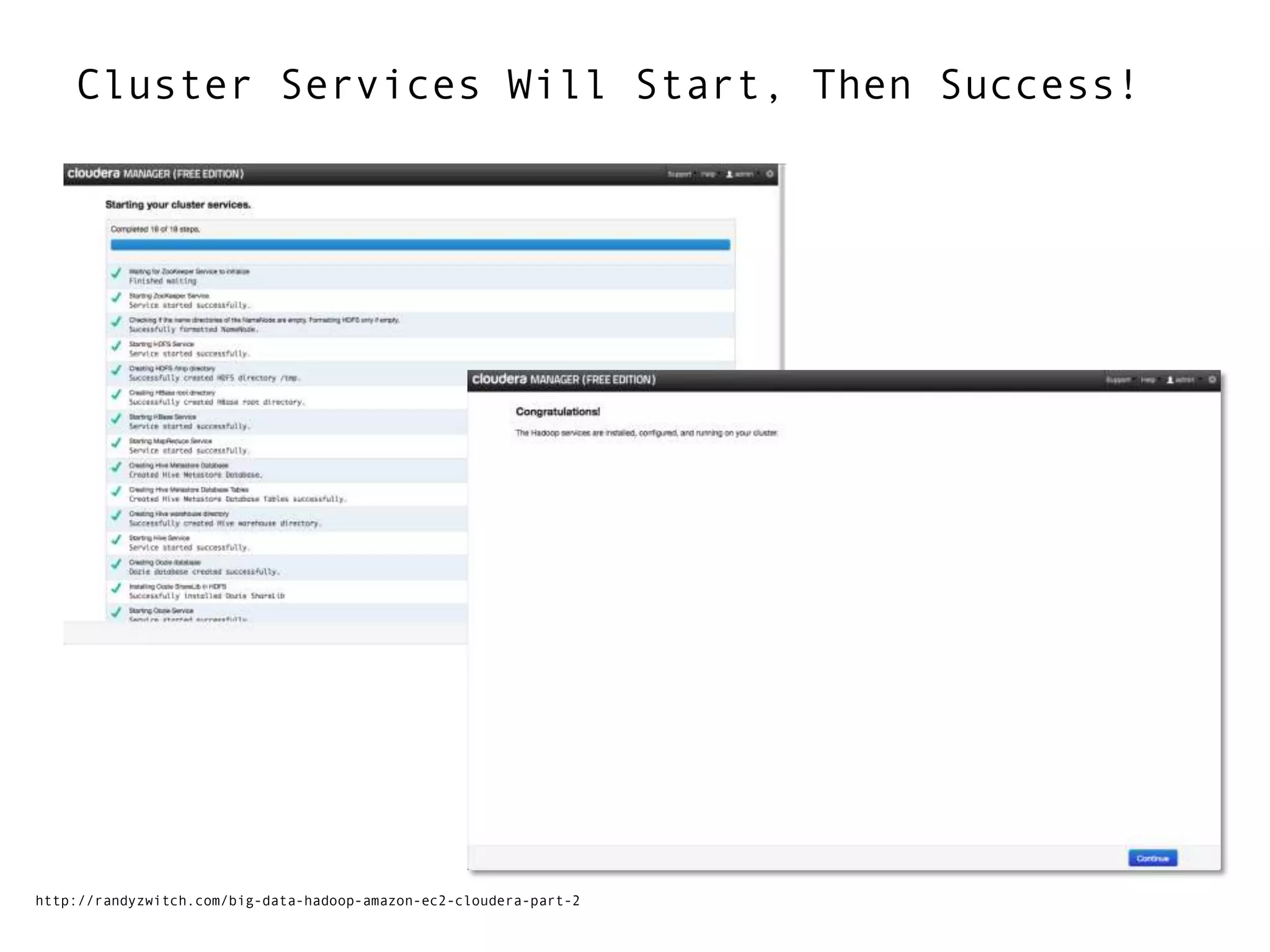 Cluster Services Will Start, Then Success!
http://randyzwitch.com/big-data-hadoop-amazon-ec2-cloudera-part-2
 