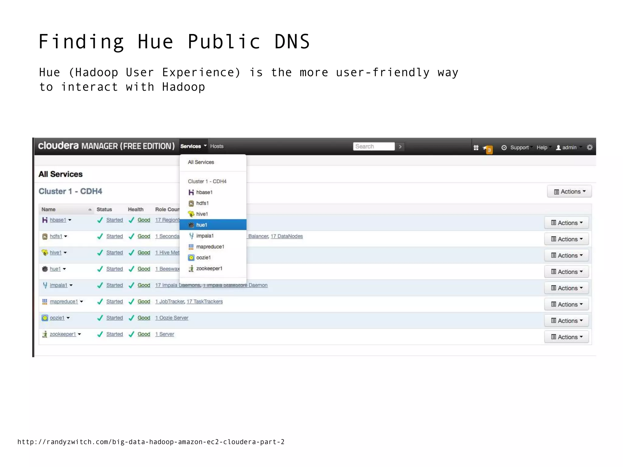 Finding Hue Public DNS
http://randyzwitch.com/big-data-hadoop-amazon-ec2-cloudera-part-2
Hue (Hadoop User Experience) is the more user-friendly way
to interact with Hadoop
 