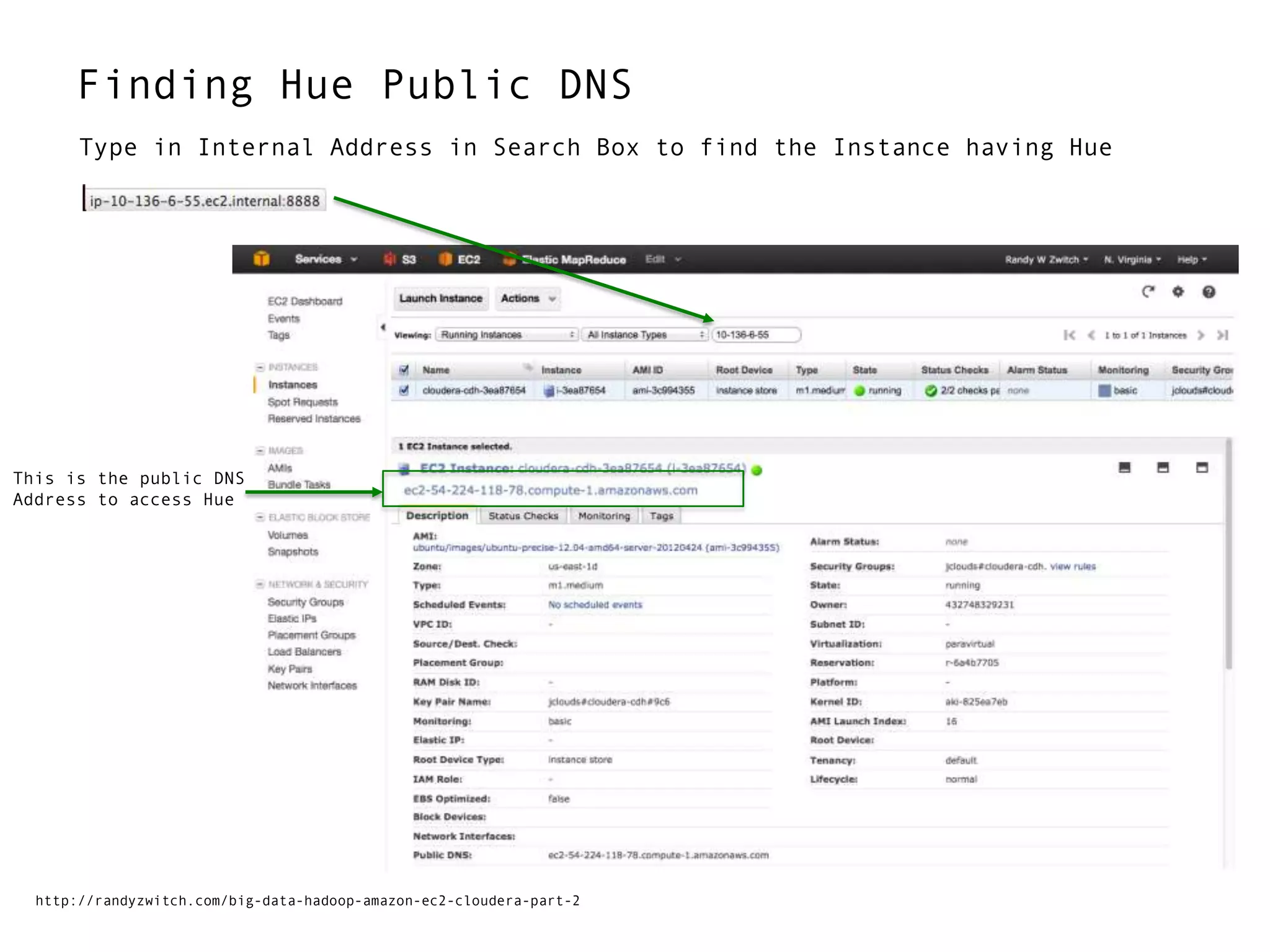 Finding Hue Public DNS
http://randyzwitch.com/big-data-hadoop-amazon-ec2-cloudera-part-2
Type in Internal Address in Search Box to find the Instance having Hue
This is the public DNS
Address to access Hue
 