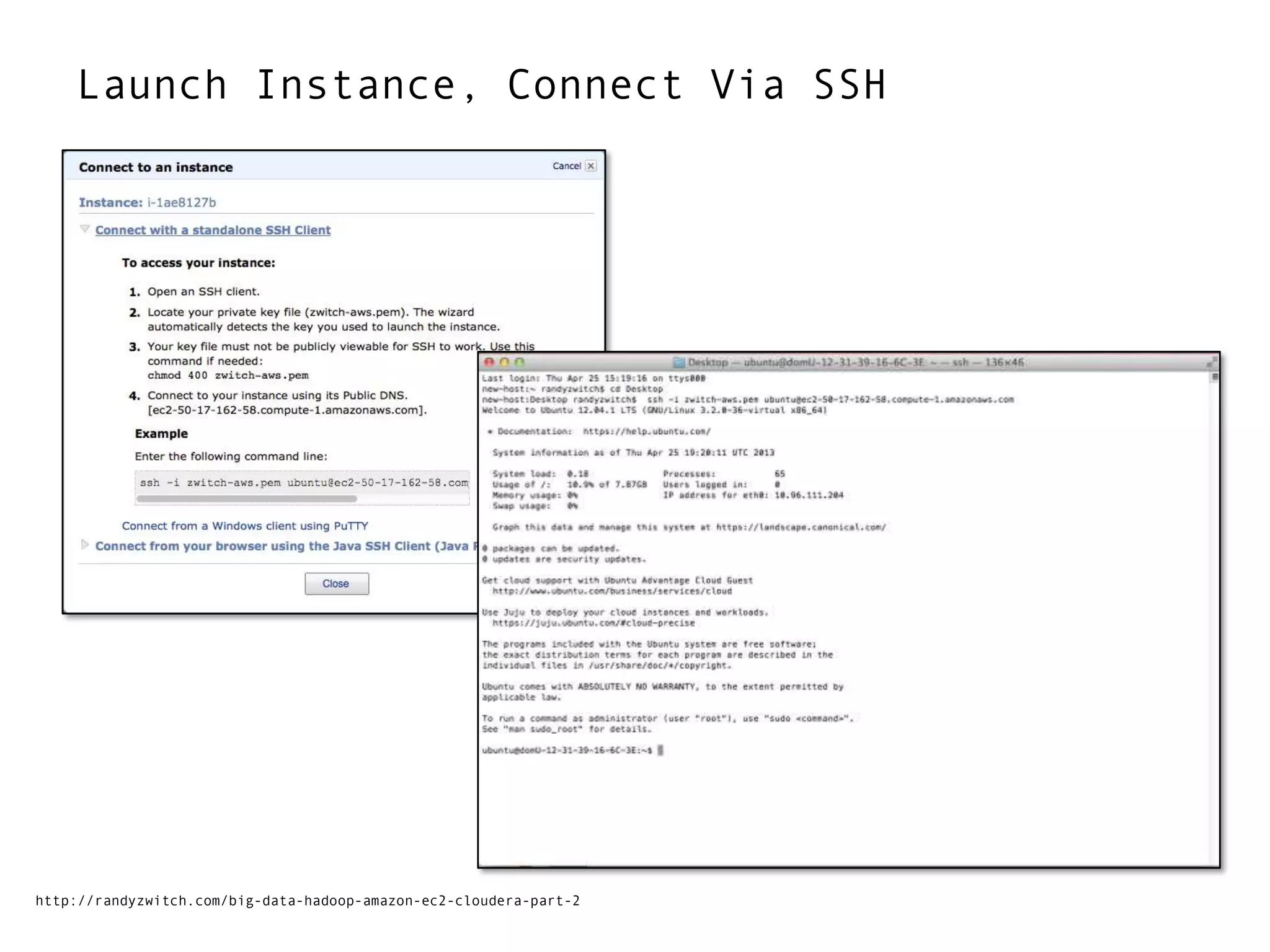 Launch Instance, Connect Via SSH
http://randyzwitch.com/big-data-hadoop-amazon-ec2-cloudera-part-2
 