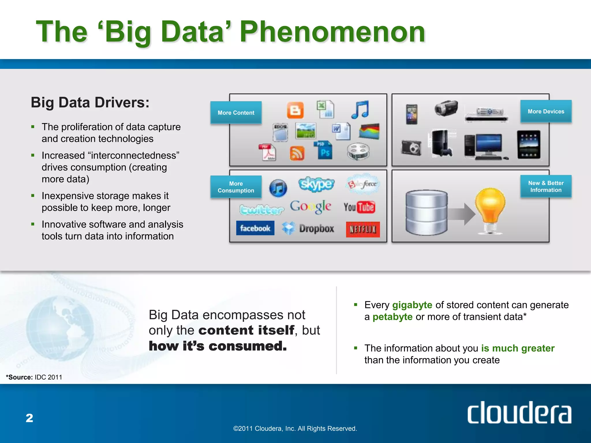 The ‘Big Data’ Phenomenon

       Big Data Drivers:                     More Content                                                                      More Devices

        The proliferation of data capture
         and creation technologies
        Increased “interconnectedness”
         drives consumption (creating
         more data)                             More                                                                           New & Better
                                             Consumption                                                                        Information
        Inexpensive storage makes it
         possible to keep more, longer
        Innovative software and analysis
         tools turn data into information




                                                                                          Every gigabyte of stored content can generate
                                  Big Data encompasses not                                 a petabyte or more of transient data*
                                  only the content itself, but
                                  how it’s consumed.                                      The information about you is much greater
                                                                                           than the information you create
*Source: IDC 2011




     2
                                                  ©2011 Cloudera, Inc. All Rights Reserved.
 