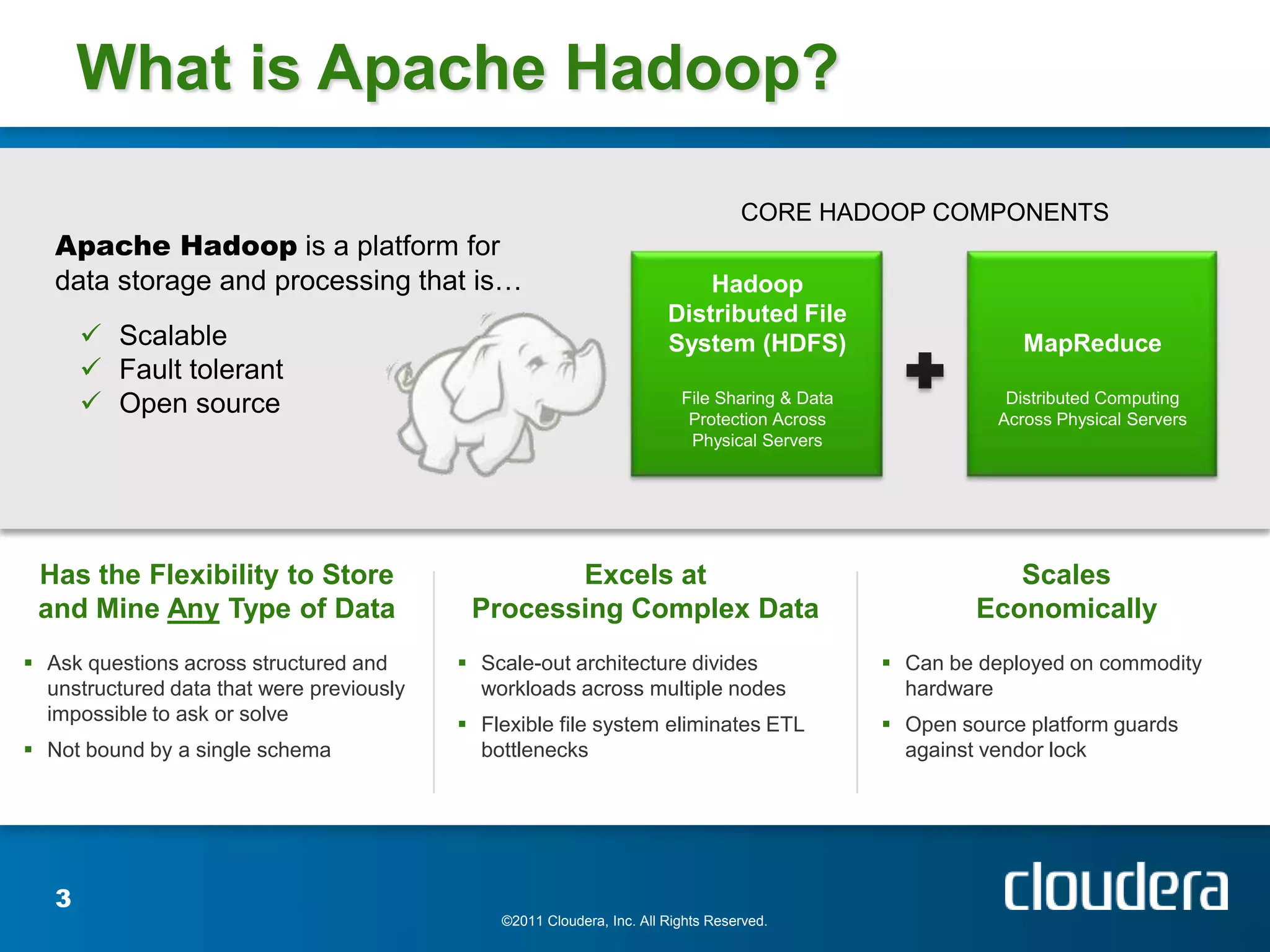 What is Apache Hadoop?

                                                                                   CORE HADOOP COMPONENTS
   Apache Hadoop is a platform for
   data storage and processing that is…                                     Hadoop
                                                                        Distributed File
        Scalable                                                       System (HDFS)                         MapReduce
        Fault tolerant
        Open source                                                      File Sharing & Data
                                                                           Protection Across
                                                                                                            Distributed Computing
                                                                                                           Across Physical Servers
                                                                           Physical Servers




 Has the Flexibility to Store                      Excels at                                                Scales
 and Mine Any Type of Data                  Processing Complex Data                                      Economically
 Ask questions across structured and       Scale-out architecture divides                      Can be deployed on commodity
  unstructured data that were previously     workloads across multiple nodes                      hardware
  impossible to ask or solve                Flexible file system eliminates ETL                 Open source platform guards
 Not bound by a single schema               bottlenecks                                          against vendor lock




   3
                                               ©2011 Cloudera, Inc. All Rights Reserved.
 
