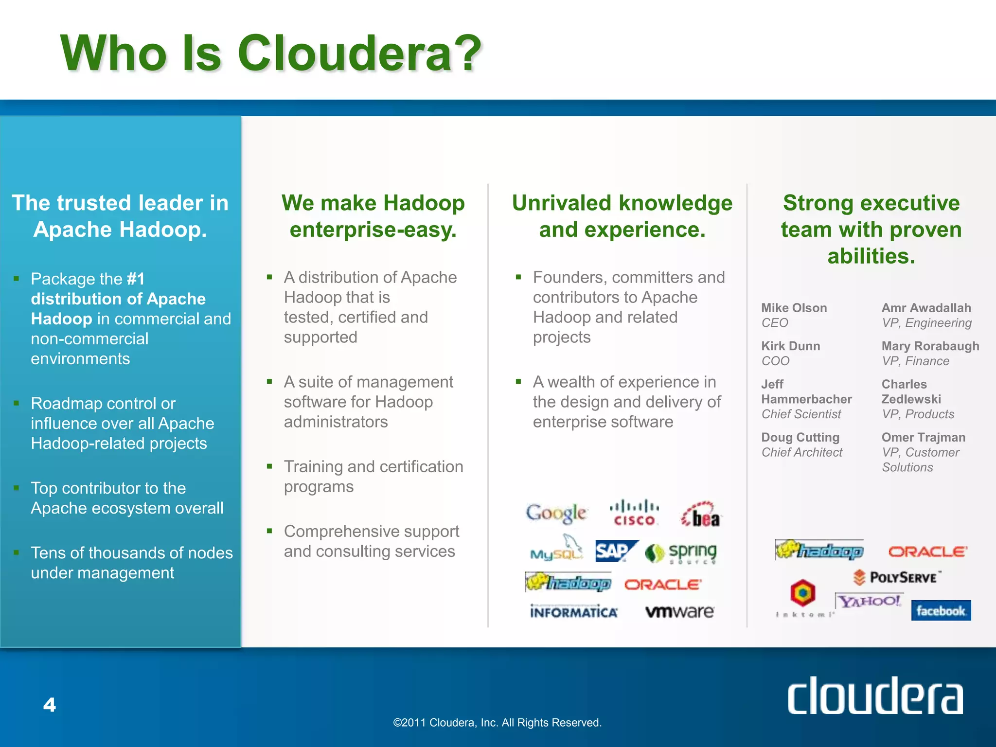 Who Is Cloudera?

The trusted leader in            We make Hadoop                         Unrivaled knowledge               Strong executive
  Apache Hadoop.                 enterprise-easy.                         and experience.                 team with proven
                                                                                                              abilities.
 Package the #1                A distribution of Apache                Founders, committers and
  distribution of Apache         Hadoop that is                           contributors to Apache
                                                                                                       Mike Olson        Amr Awadallah
  Hadoop in commercial and       tested, certified and                    Hadoop and related           CEO               VP, Engineering
  non-commercial                 supported                                projects                     Kirk Dunn         Mary Rorabaugh
  environments                                                                                         COO               VP, Finance
                                A suite of management                   A wealth of experience in    Jeff              Charles
 Roadmap control or             software for Hadoop                      the design and delivery of   Hammerbacher      Zedlewski
                                                                                                       Chief Scientist   VP, Products
  influence over all Apache      administrators                           enterprise software
                                                                                                       Doug Cutting      Omer Trajman
  Hadoop-related projects                                                                              Chief Architect   VP, Customer
                                Training and certification                                                              Solutions
 Top contributor to the         programs
  Apache ecosystem overall
                                Comprehensive support
 Tens of thousands of nodes     and consulting services
  under management




    4
                                                 ©2011 Cloudera, Inc. All Rights Reserved.
 