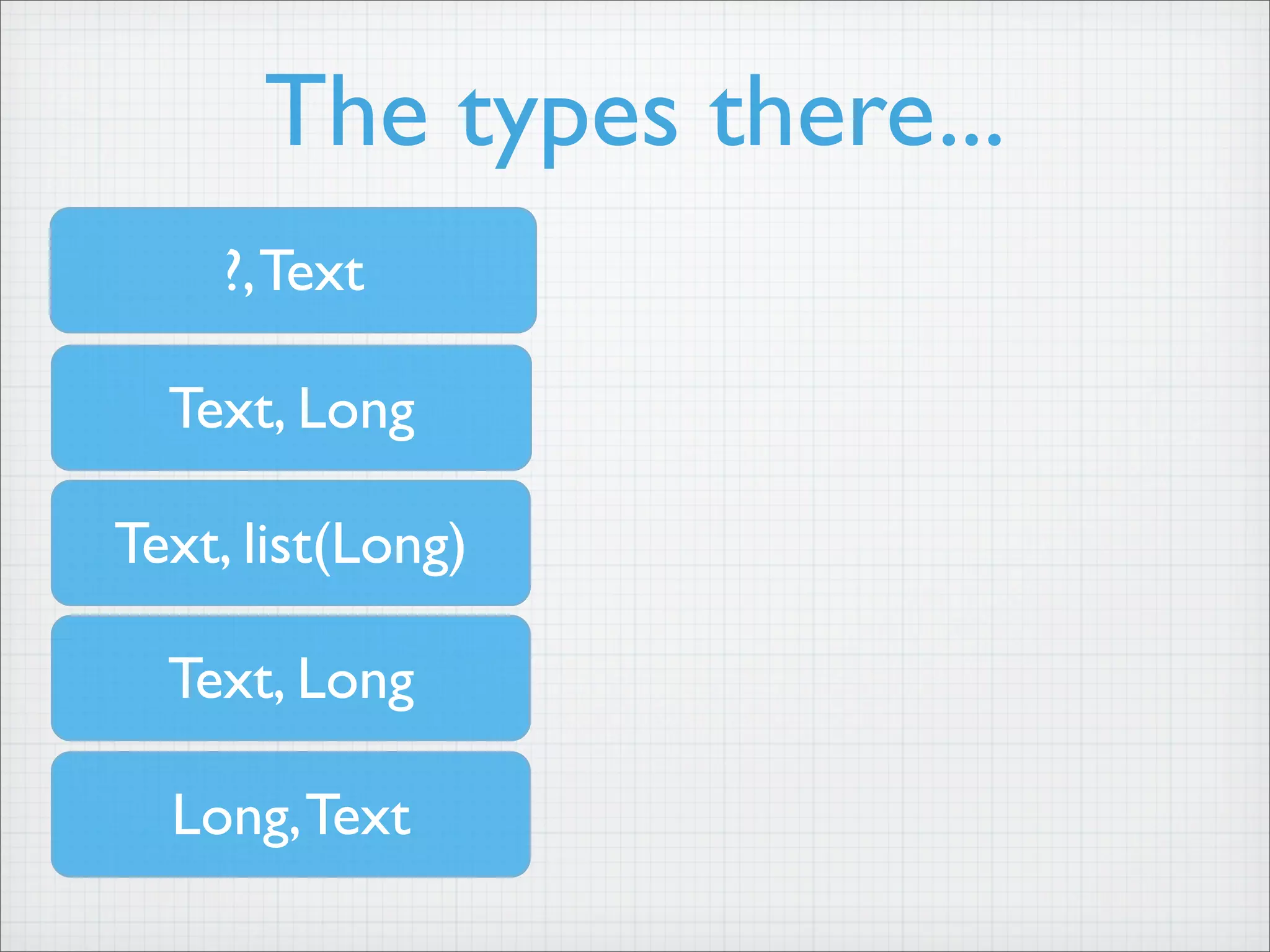 The types there...
?,Text
Text, Long
Long,Text
Text, list(Long)
Text, Long
 