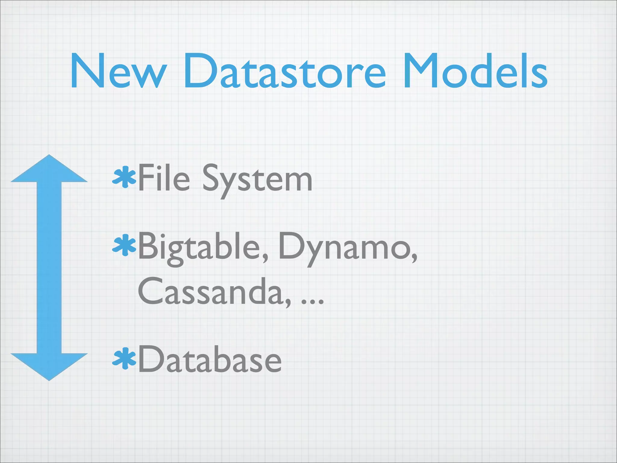 New Datastore Models
File System
Bigtable, Dynamo,
Cassanda, ...
Database
 