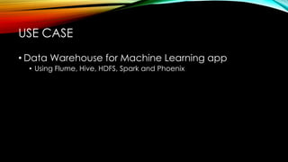 • Data Warehouse for Machine Learning app
• Using Flume, Hive, HDFS, Spark and Phoenix
USE CASE
 