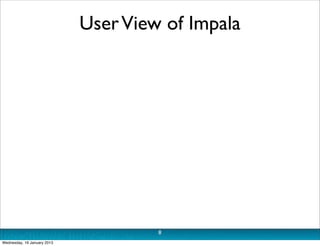 User View of Impala




                                      8
Wednesday, 16 January 2013
 
