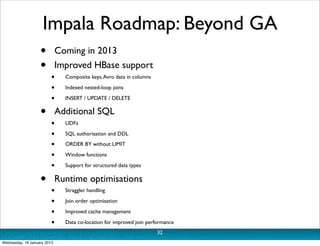 Impala Roadmap: Beyond GA
                   •      Coming in 2013
                   •      Improved HBase support
      ...