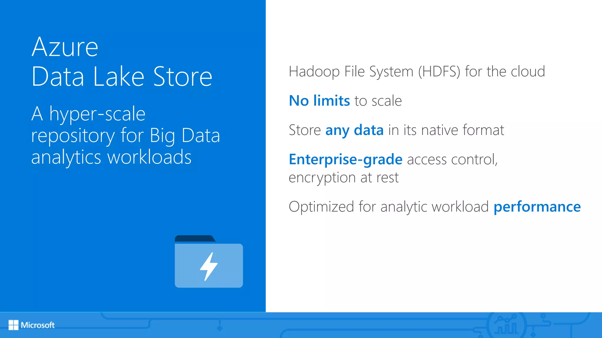 Azure
Data Lake Store
A hyper-scale
repository for Big Data
analytics workloads
Hadoop File System (HDFS) for the cloud
No limits to scale
Store any data in its native format
Enterprise-grade access control,
encryption at rest
Optimized for analytic workload performance
 