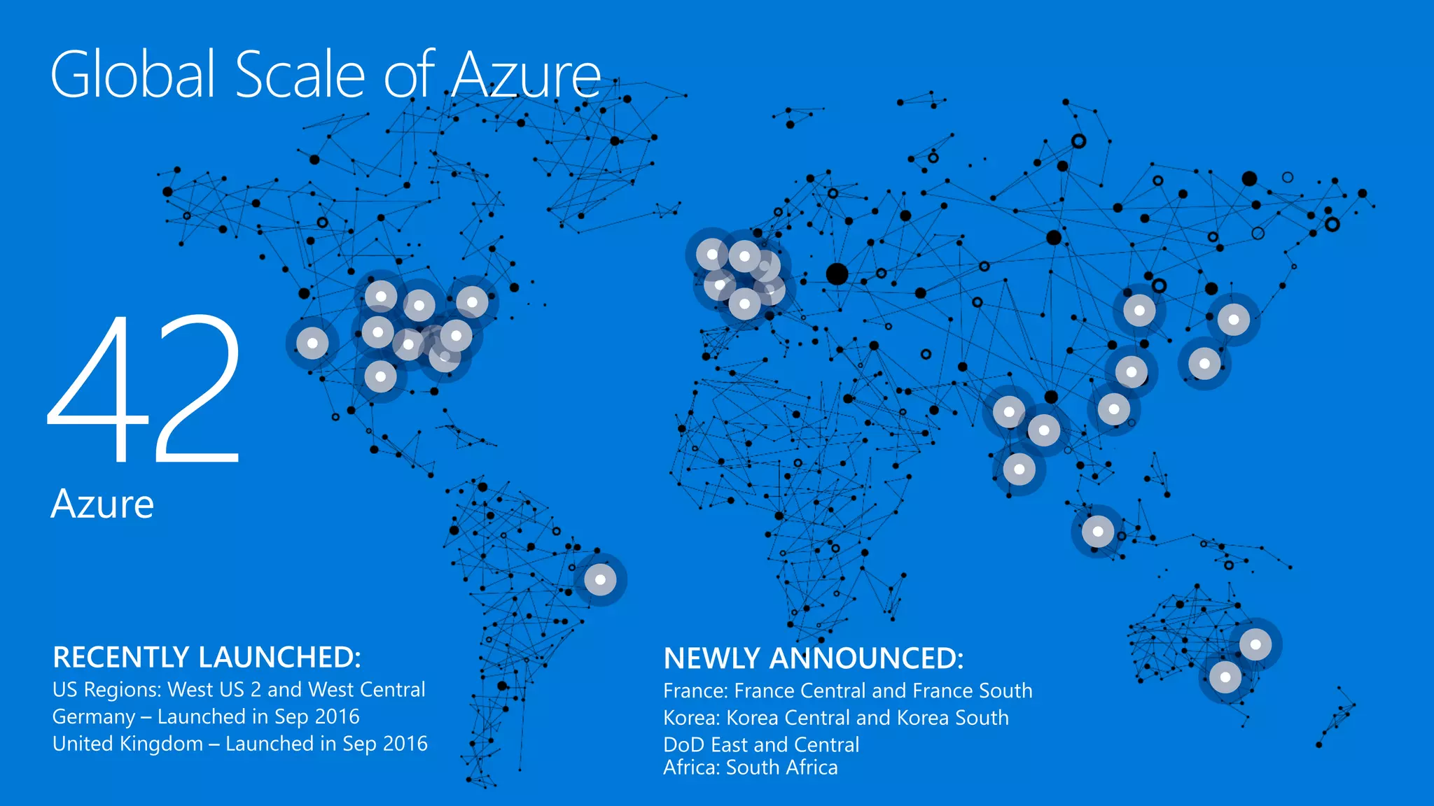 42Azure regions
NEWLY ANNOUNCED:
France: France Central and France South
Korea: Korea Central and Korea South
DoD East and Central
Africa: South Africa
Global Scale of Azure
 