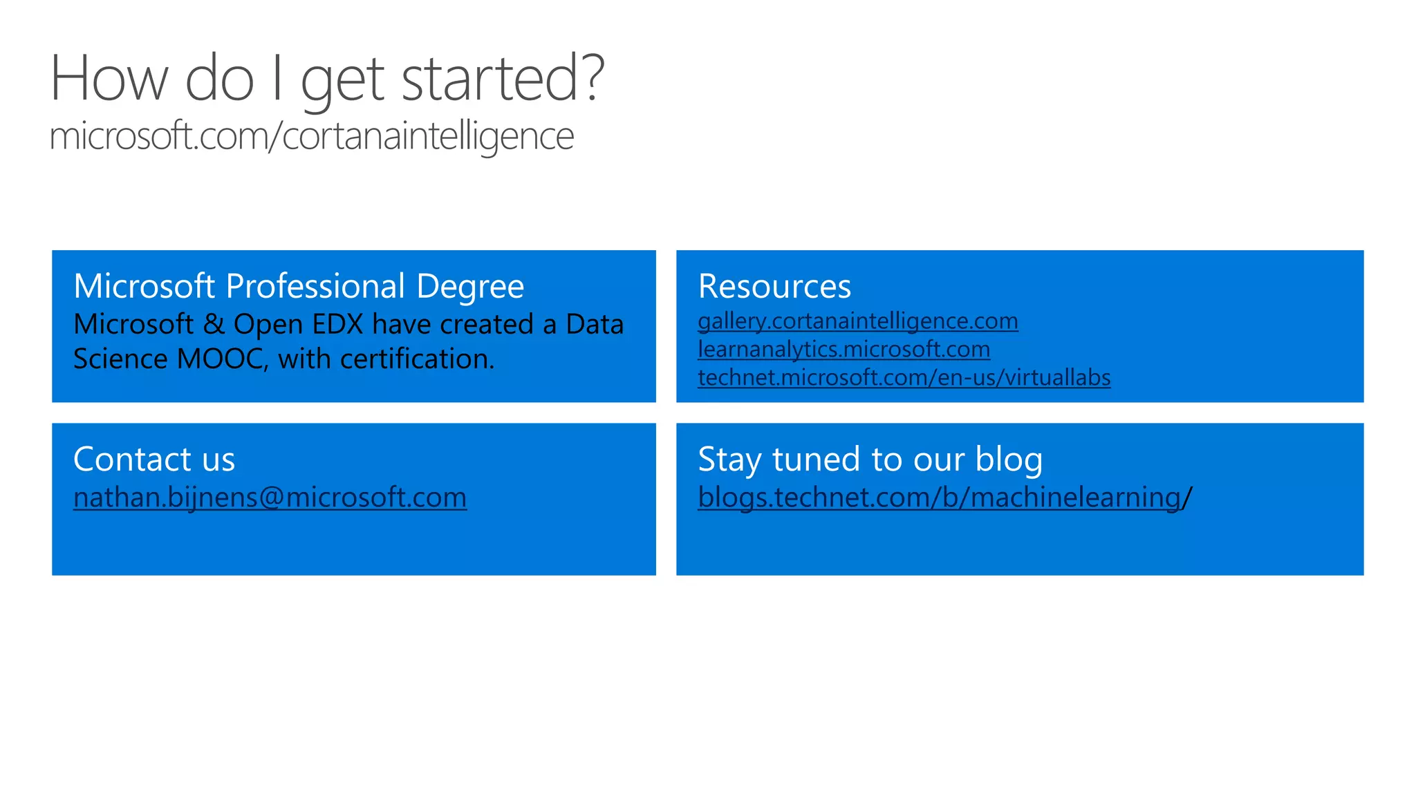 gallery.cortanaintelligence.com
learnanalytics.microsoft.com
technet.microsoft.com/en-us/virtuallabs
nathan.bijnens@microsoft.com blogs.technet.com/b/machinelearning
How do I get started?
microsoft.com/cortanaintelligence
 