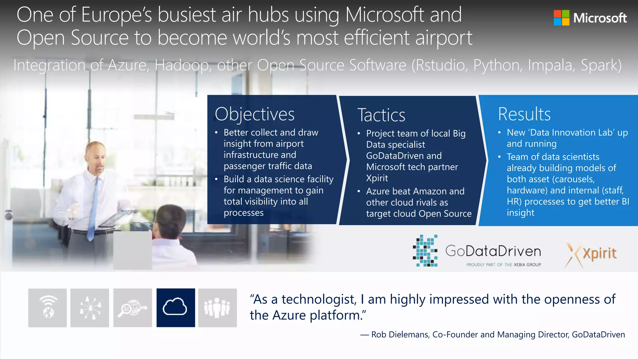 One of Europe’s busiest air hubs using Microsoft and
Open Source to become world’s most efficient airport
Integration of Azure, Hadoop, other Open Source Software (Rstudio, Python, Impala, Spark)
“As a technologist, I am highly impressed with the openness of
the Azure platform.”
— Rob Dielemans, Co-Founder and Managing Director, GoDataDriven
Tactics
• Project team of local Big
Data specialist
GoDataDriven and
Microsoft tech partner
Xpirit
• Azure beat Amazon and
other cloud rivals as
target cloud Open Source
Results
• New ‘Data Innovation Lab’ up
and running
• Team of data scientists
already building models of
both asset (carousels,
hardware) and internal (staff,
HR) processes to get better BI
insight
Objectives
• Better collect and draw
insight from airport
infrastructure and
passenger traffic data
• Build a data science facility
for management to gain
total visibility into all
processes
 