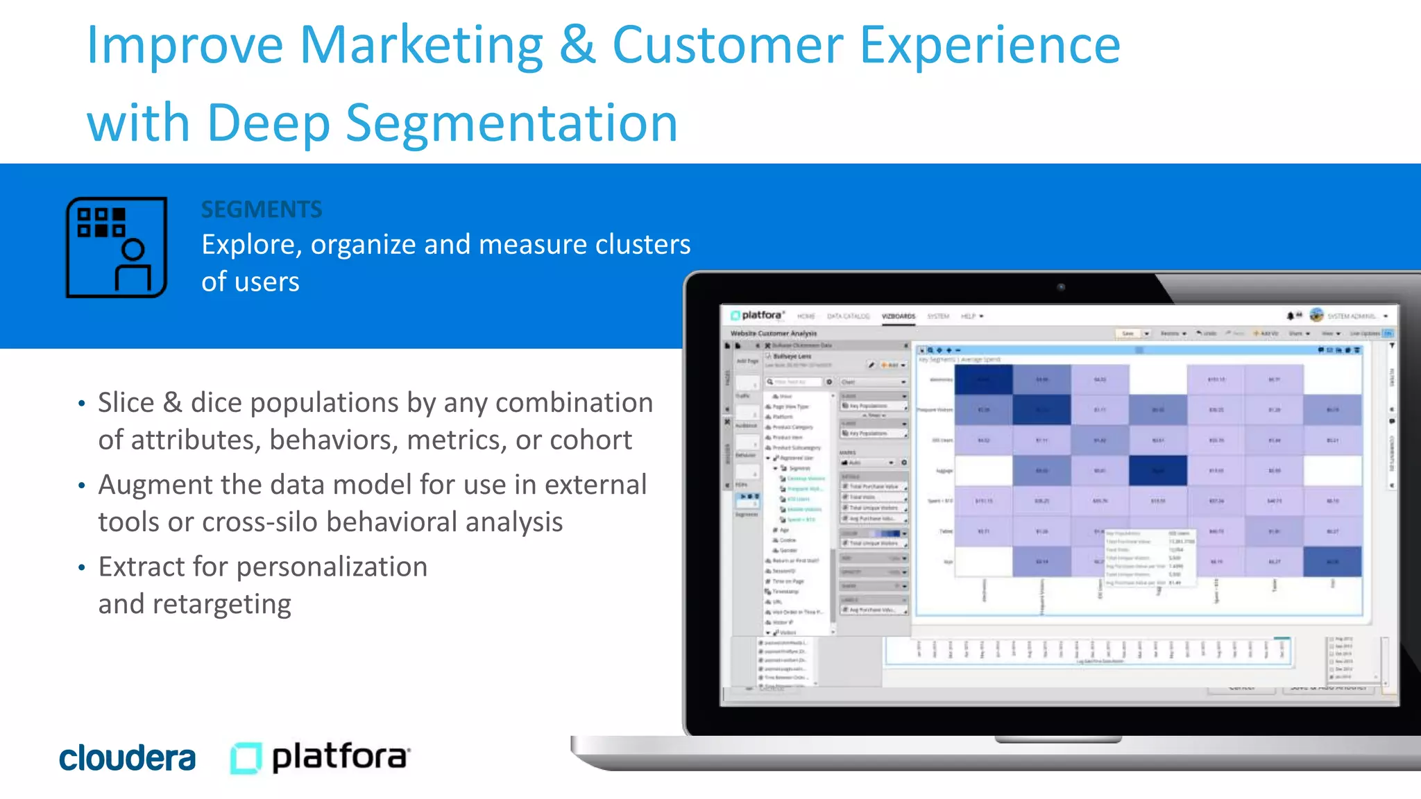 11© Cloudera, Inc. All rights reserved.
SEGMENTS
Explore, organize and measure clusters
of users
Improve Marketing & Customer Experience
with Deep Segmentation
• Slice & dice populations by any combination
of attributes, behaviors, metrics, or cohort
• Augment the data model for use in external
tools or cross-silo behavioral analysis
• Extract for personalization
and retargeting
 