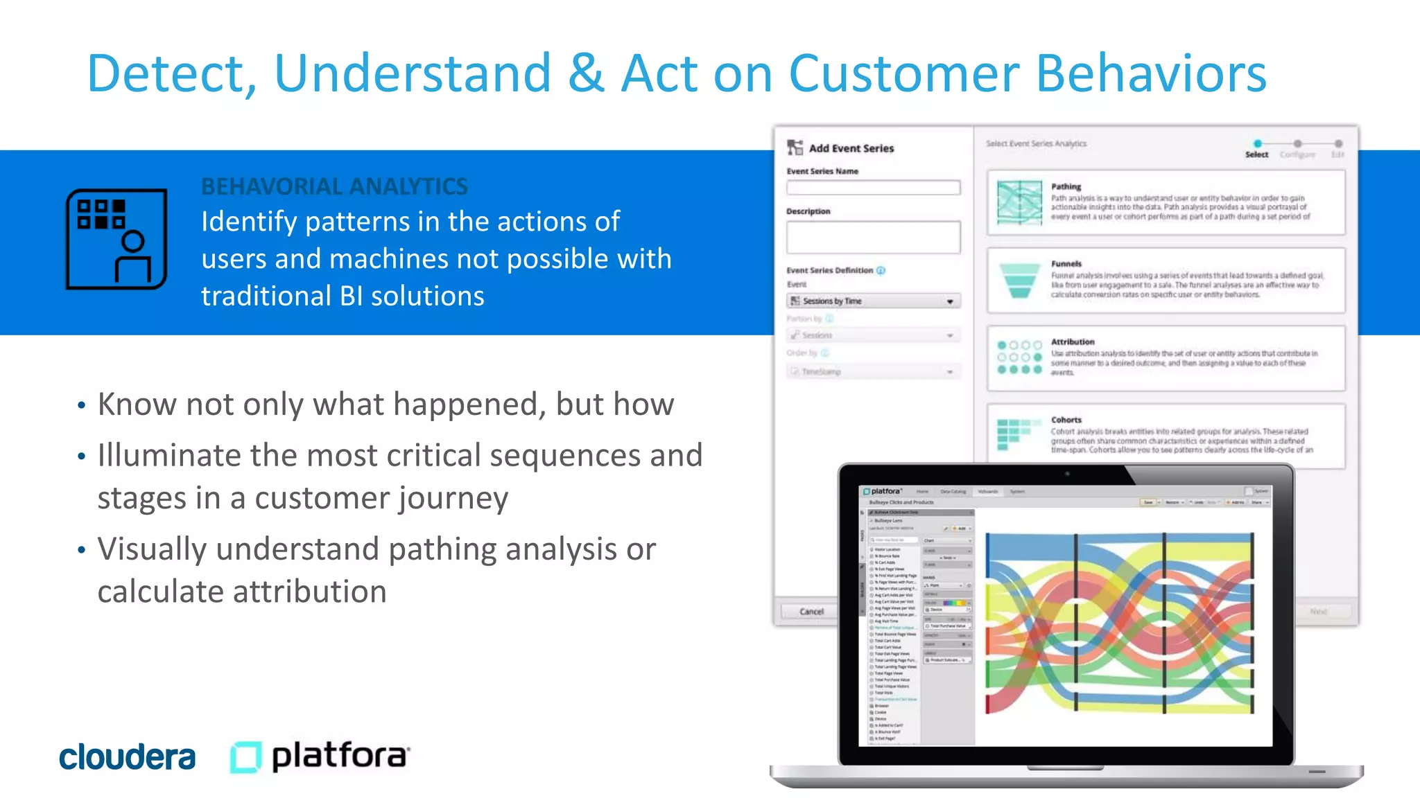 12© Cloudera, Inc. All rights reserved.
BEHAVORIAL ANALYTICS
Identify patterns in the actions of
users and machines not possible with
traditional BI solutions
Detect, Understand & Act on Customer Behaviors
• Know not only what happened, but how
• Illuminate the most critical sequences and
stages in a customer journey
• Visually understand pathing analysis or
calculate attribution
 