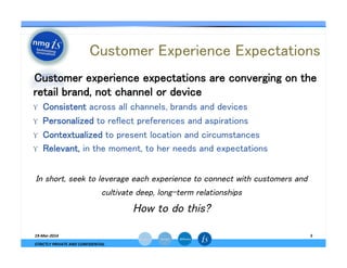 Customer Experience Expectations	
— Customer experience expectations are converging on the
retail brand, not channel or device	
ϒ  Consistent across all channels, brands and devices	
ϒ  Personalized to reflect preferences and aspirations	
ϒ  Contextualized to present location and circumstances	
ϒ  Relevant, in the moment, to her needs and expectations 	
In short, seek to leverage each experience to connect with customers and
cultivate deep, long-term relationships	
How to do this?	
19-­‐Mar-­‐2014	
  
STRICTLY	
  PRIVATE	
  AND	
  CONFIDENTIAL	
  
5	
  
 