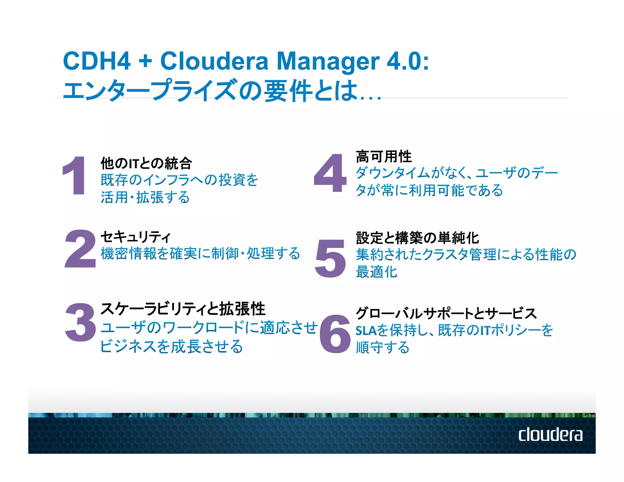CDH4 + Cloudera Manager 4.0:
エンタープライズの要件とは…


1                      4
    他のITとの統合	
             高可用性	
  	
  




2   セキュリティ	
  

                       5
                           設定と構築の単純化	
  




3                      6
    スケーラビリティと拡張性	
         グローバルサポートとサービス	
  
 