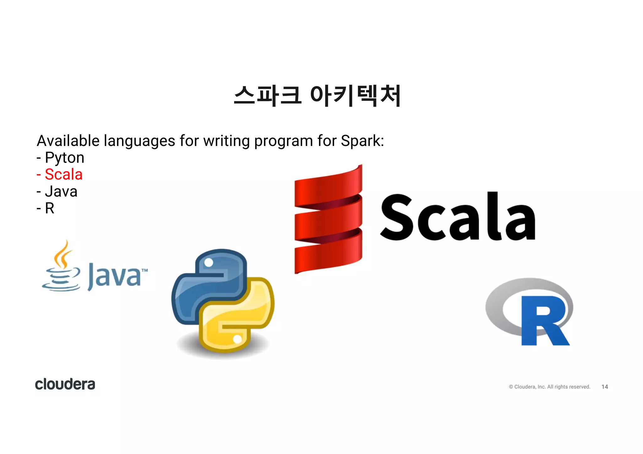 14© Cloudera, Inc. All rights reserved.
스파크 아키텍처
Available languages for writing program for Spark:
- Pyton
- Scala
- Java
- R
 
