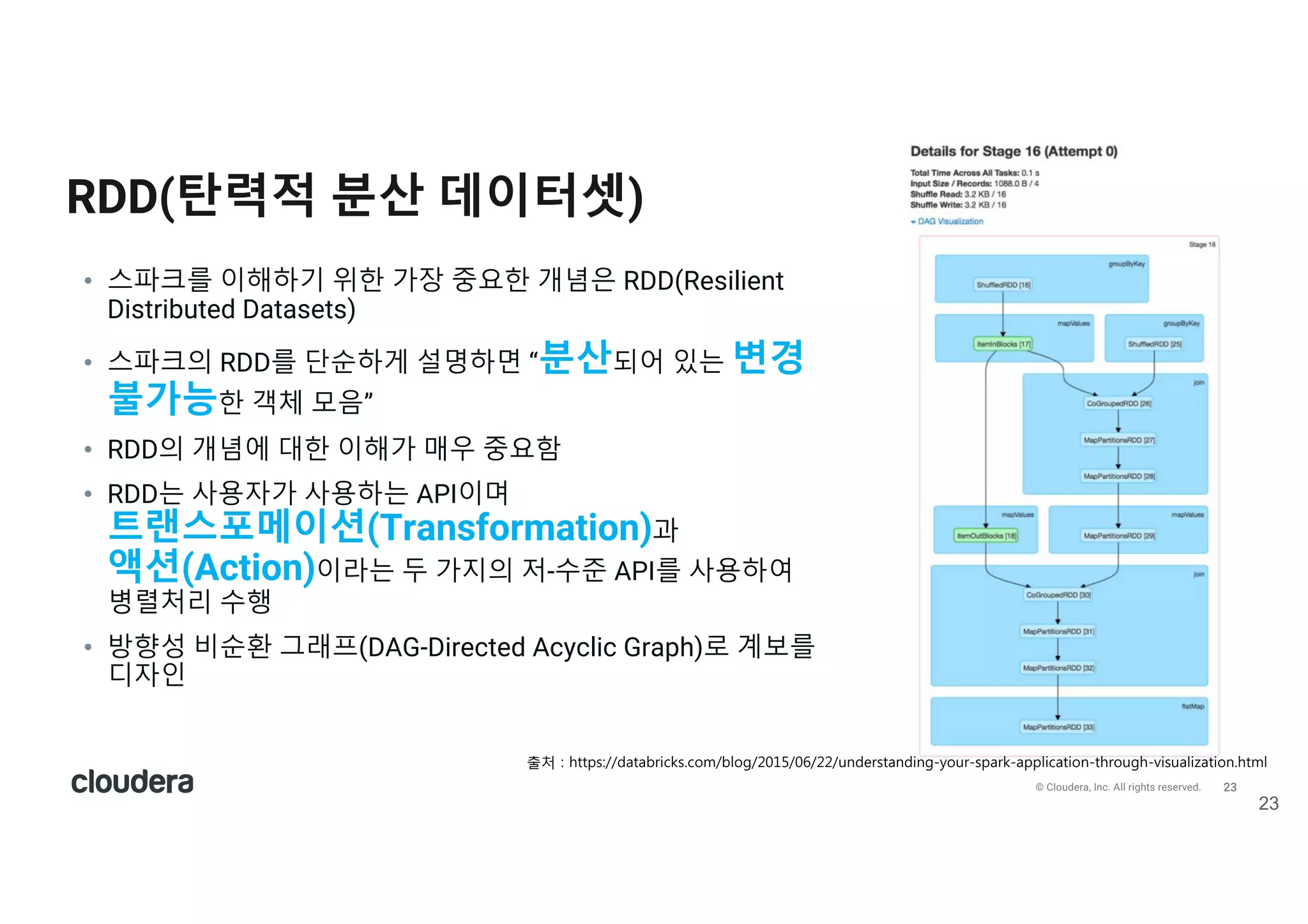 24© Cloudera, Inc. All rights reserved.
• 클러스터 전체에서 공유되는 데이터 형태로 대부분 메모리에 저장되어 있음
• 복구 시 디스크에서 데이터를 다시 읽어 계보(Lineage)를 바탕으로 다시 계산
• 데이터 변환은 Transformation, 이런 방법을 기술한 계보(Lineage)를 생성한 후, 액션을 통해 최종
결과 값을 계산
• Transformation은 여유로운 수행 방식 사용=>액션 전에서 처리하지 않음(Lazy)
RDD(탄력적 분산 데이터셋)
24
Operations = TRANSFORMATIONS
ACTIONS
+
 