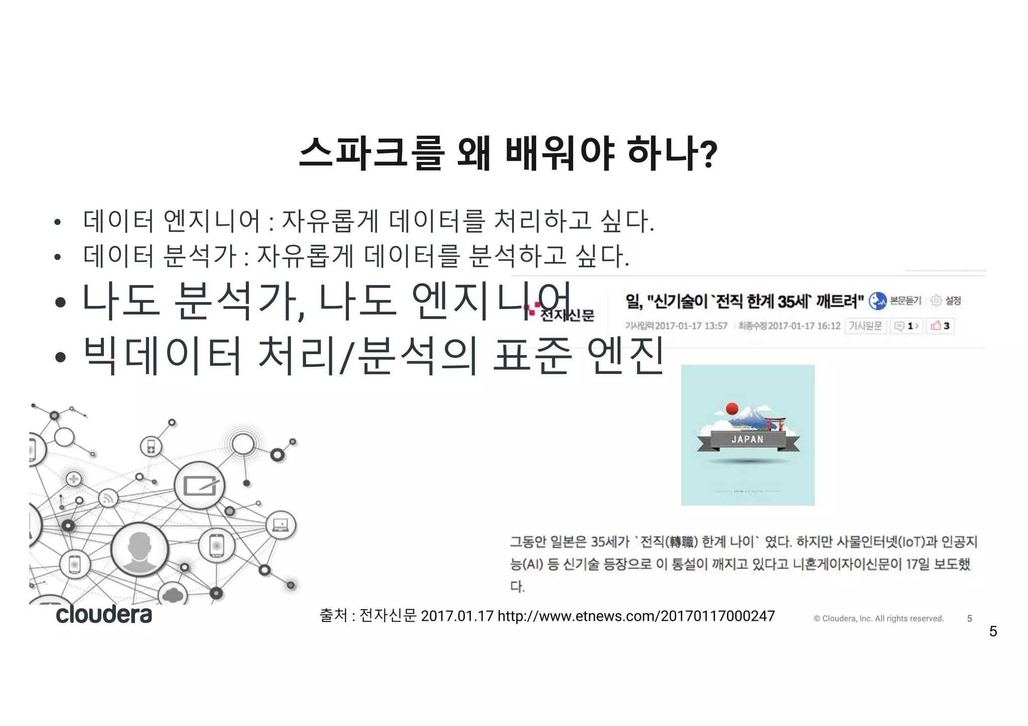 5© Cloudera, Inc. All rights reserved.
• 데이터 엔지니어 : 자유롭게 데이터를 처리하고 싶다.
• 데이터 분석가 : 자유롭게 데이터를 분석하고 싶다.
• 나도 분석가, 나도 엔지니어
• 빅데이터 처리/분석의 표준 엔진
스파크를 왜 배워야 하나?
출처 : 전자신문 2017.01.17 http://www.etnews.com/20170117000247
 