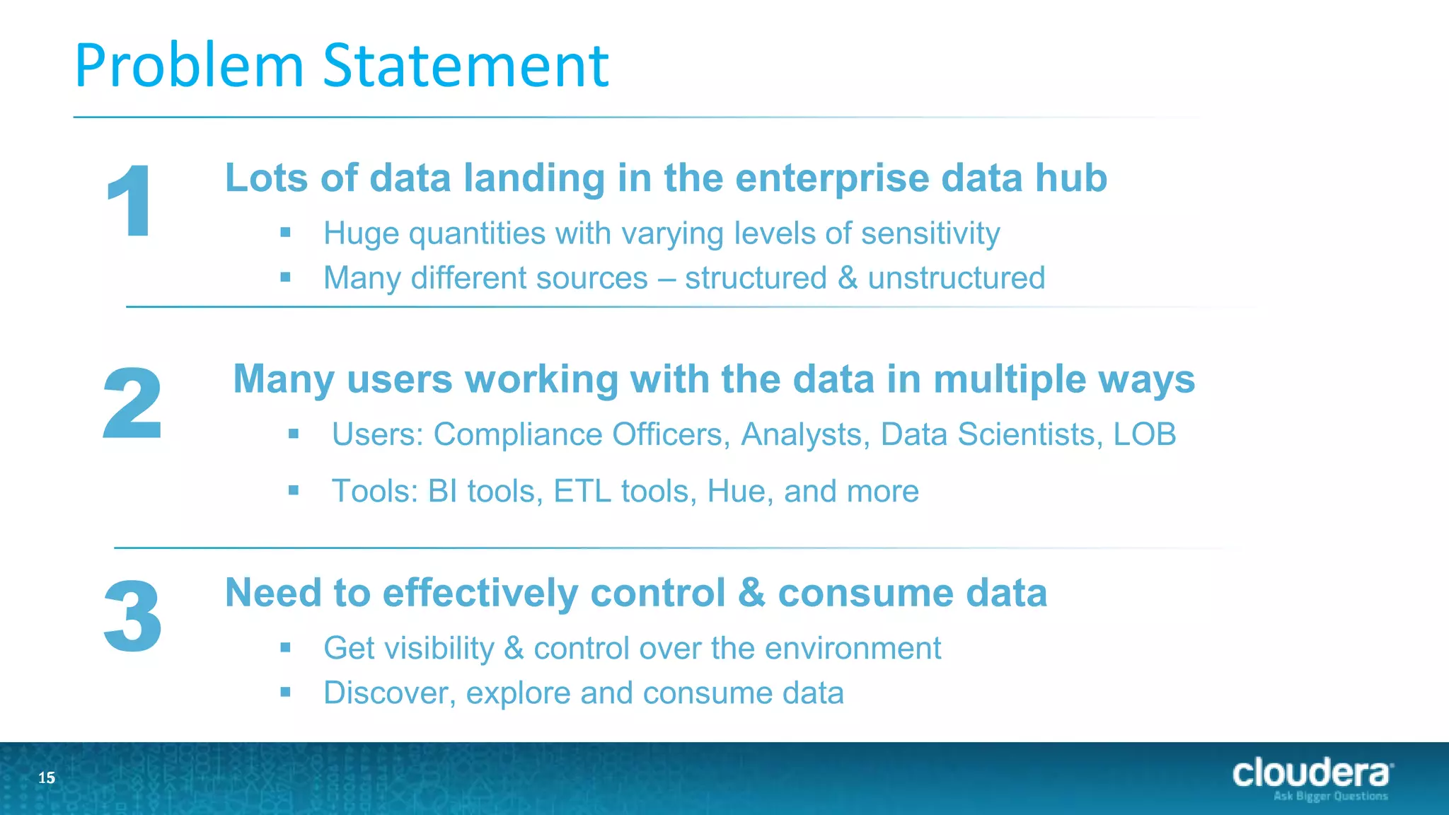 1515
Problem Statement
Lots of data landing in the enterprise data hub
 Huge quantities with varying levels of sensitivity
 Many different sources – structured & unstructured
1
Many users working with the data in multiple ways
 Users: Compliance Officers, Analysts, Data Scientists, LOB
 Tools: BI tools, ETL tools, Hue, and more
2
Need to effectively control & consume data
 Get visibility & control over the environment
 Discover, explore and consume data
3
 
