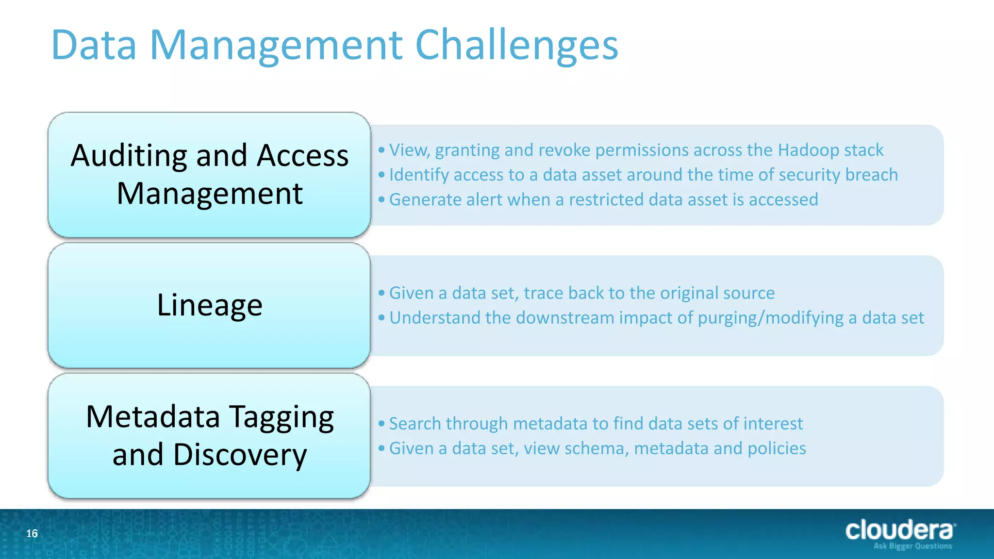16
Data Management Challenges
•View, granting and revoke permissions across the Hadoop stack
•Identify access to a data asset around the time of security breach
•Generate alert when a restricted data asset is accessed
Auditing and Access
Management
•Given a data set, trace back to the original source
•Understand the downstream impact of purging/modifying a data setLineage
•Search through metadata to find data sets of interest
•Given a data set, view schema, metadata and policies
Metadata Tagging
and Discovery
16
 