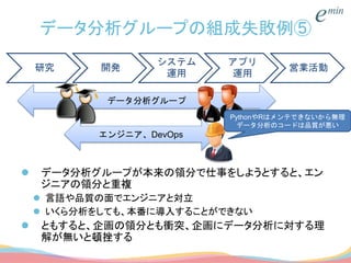 データ分析グループの組成失敗例⑤
 データ分析グループが本来の領分で仕事をしようとすると、エン
ジニアの領分と重複
 言語や品質の面でエンジニアと対立
 いくら分析をしても、本番に導入することができない
 ともすると、企画の領分とも衝突、企画にデータ分析に対する理
解が無いと頓挫する
研究 開発
システム
運用
アプリ
運用
営業活動
データ分析グループ
エンジニア、DevOps
PythonやRはメンテできないから無理
データ分析のコードは品質が悪い
 
