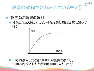 改善の過程で忘れられているモノ①
 限界効用逓減の法則
 投入したコストに対して、得られる効用は次第に減って
行く
 10万円投入したときの1,000人獲得できても、
1000万円投入したときには10,000人だったり… …
効用
コスト
 