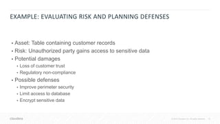 15© 2018 Cloudera, Inc. All rights reserved.
EXAMPLE: EVALUATING RISK AND PLANNING DEFENSES
• Asset: Table containing customer records
• Risk: Unauthorized party gains access to sensitive data
• Potential damages
• Loss of customer trust
• Regulatory non-compliance
• Possible defenses
• Improve perimeter security
• Limit access to database
• Encrypt sensitive data
 