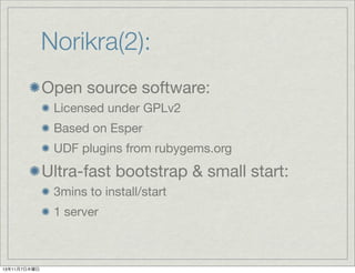 Norikra(2):
Open source software:
Licensed under GPLv2
Based on Esper
UDF plugins from rubygems.org

Ultra-fast bootstrap & small start:
3mins to install/start
1 server

13年11月7日木曜日

 