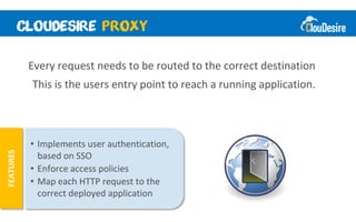 Every request needs to be routed to the correct destination
           This is the users entry point to reach a running application.



           • Implements user authentication,
FEATURES




             based on SSO
           • Enforce access policies
           • Map each HTTP request to the
             correct deployed application
 