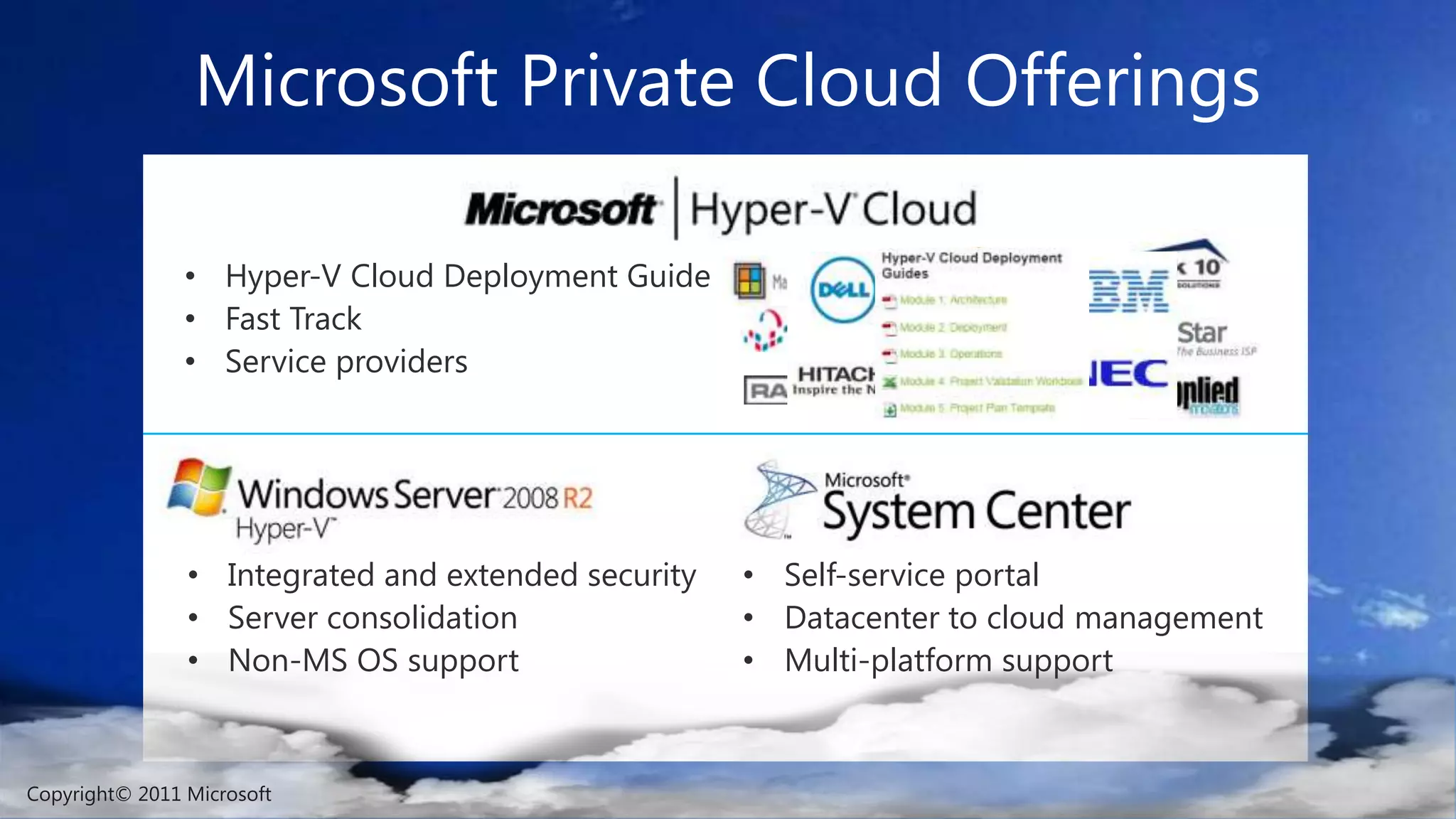 Microsoft Private Cloud OfferingsHyper-V Cloud Deployment GuideFast TrackService providersIntegrated and extended securityServer consolidationNon-MS OS supportSelf-service portalDatacenter to cloud managementMulti-platform supportCopyright© 2011 Microsoft