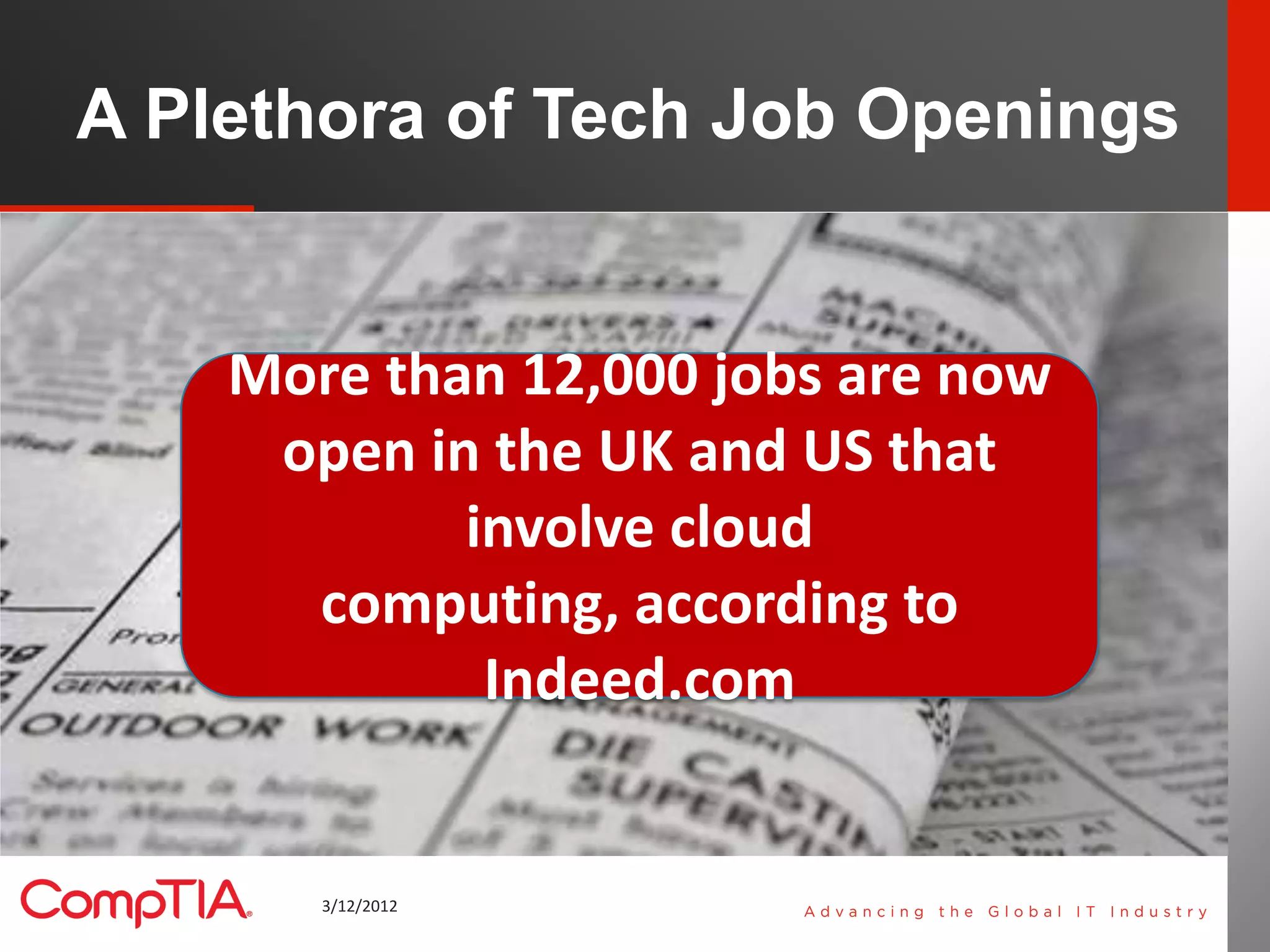 A Plethora of Tech Job Openings


    More than 12,000 jobs are now
     open in the UK and US that
            involve cloud
      computing, according to
             Indeed.com


       3/12/2012                    12
 
