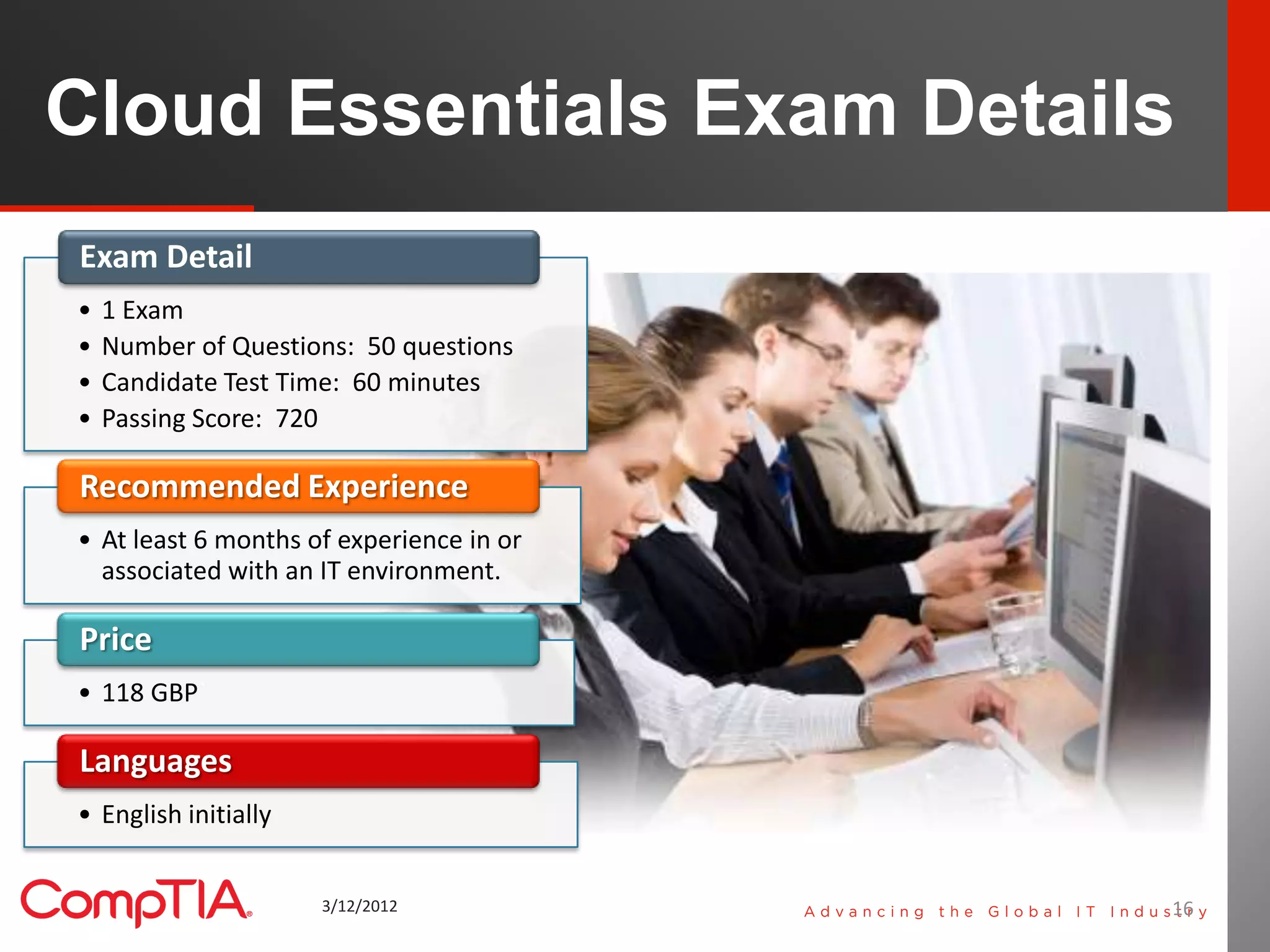 Cloud Essentials Exam Details
Exam Detail
•   1 Exam
•   Number of Questions: 50 questions
•   Candidate Test Time: 60 minutes
•   Passing Score: 720

Recommended Experience
• At least 6 months of experience in or
  associated with an IT environment.

Price
• 118 GBP`

Languages
• English initially


                      3/12/2012           16   16
 