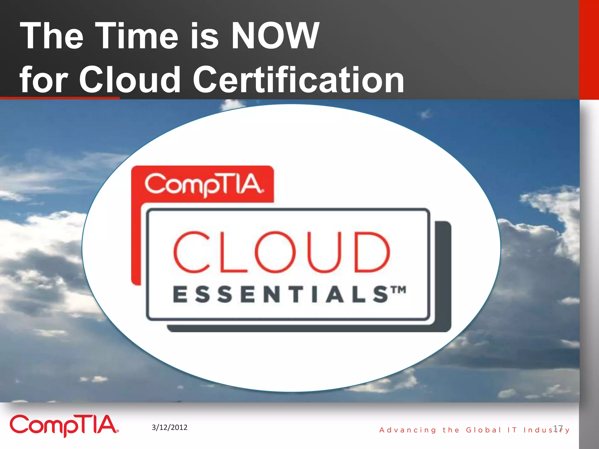 The Time is NOW
for Cloud Certification




       3/12/2012          17   17
 