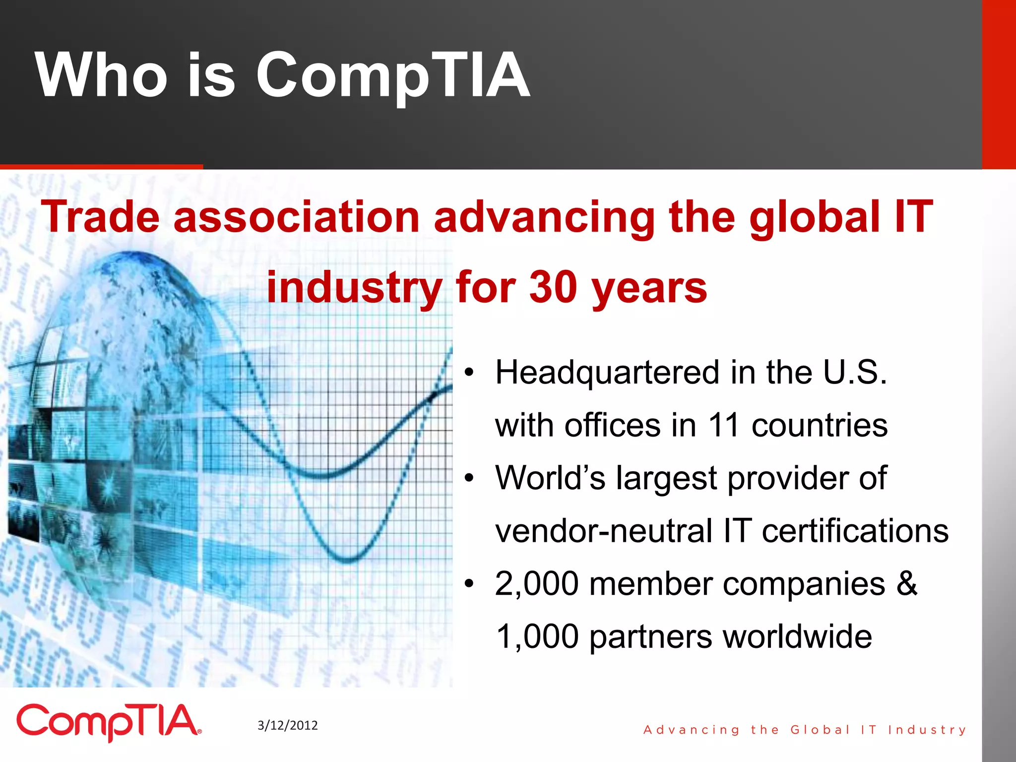 Who is CompTIA

Trade association advancing the global IT
          industry for 30 years
                     • Headquartered in the U.S.
                       with offices in 11 countries
                     • World‟s largest provider of
                       vendor-neutral IT certifications
                     • 2,000 member companies &
                       1,000 partners worldwide

         3/12/2012                                        2
 