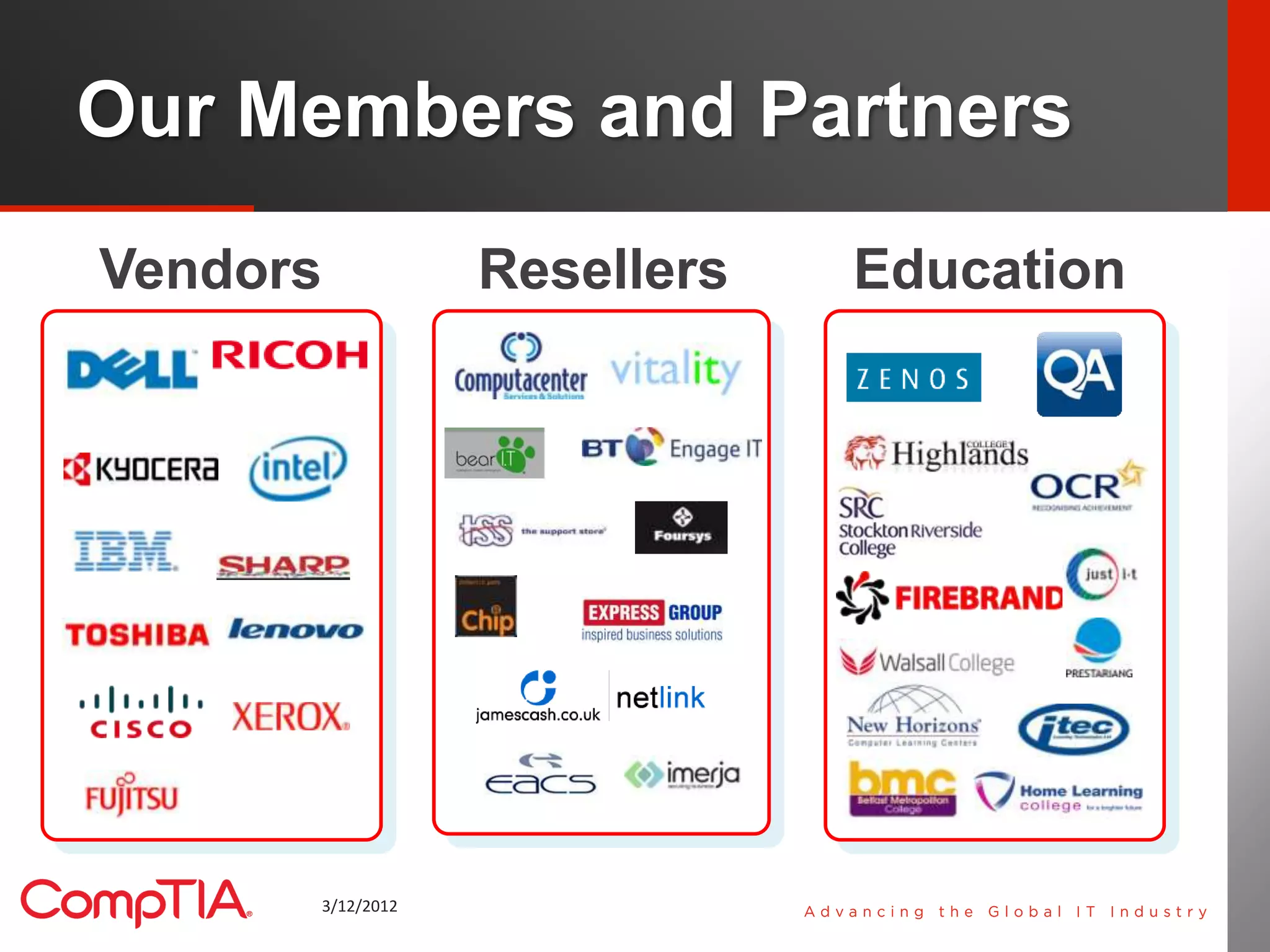 Our Members and Partners
Vendors           Resellers   Education




      3/12/2012                           3
 