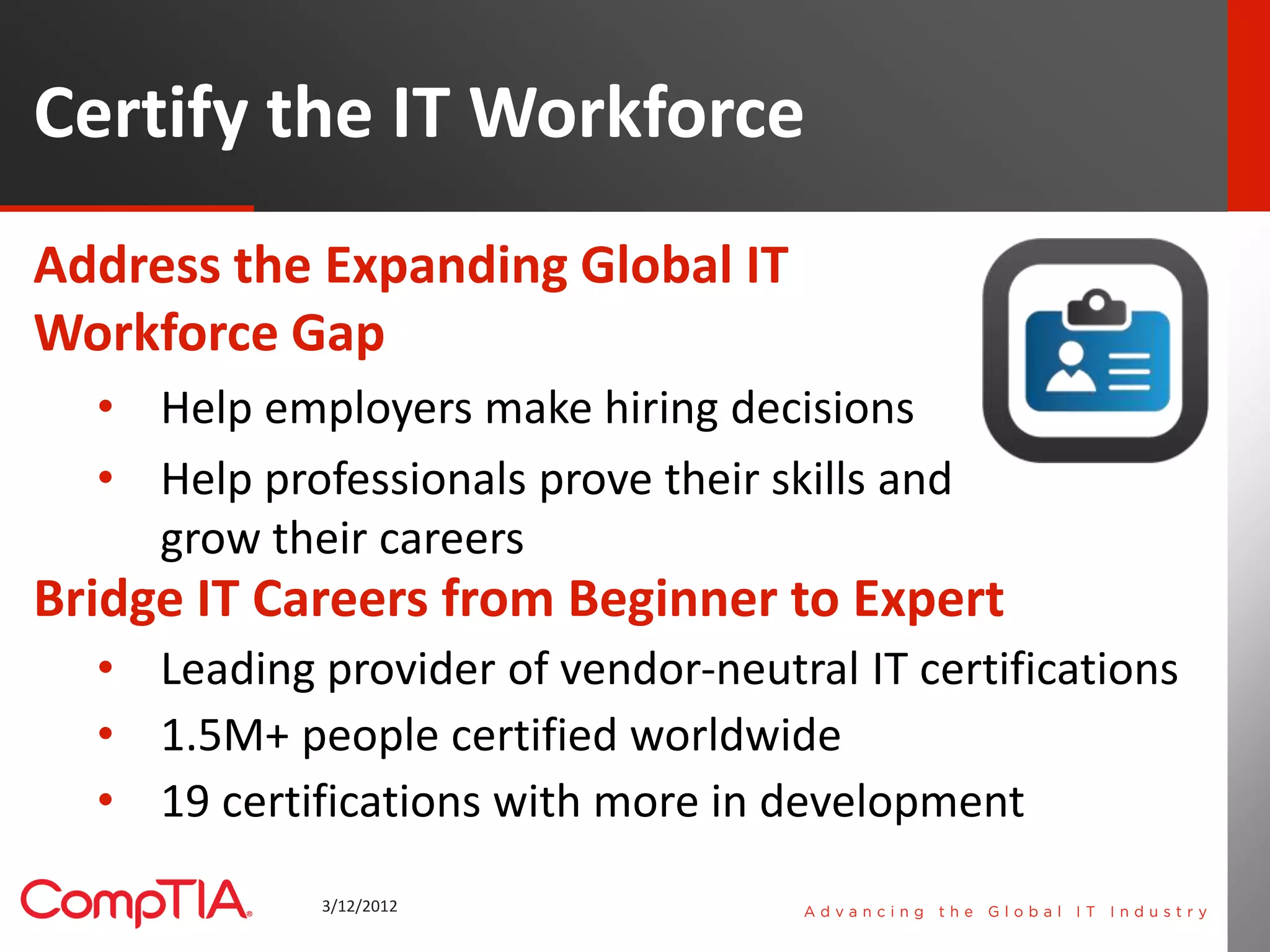 Certify the IT Workforce
Address the Expanding Global IT
Workforce Gap
  • Help employers make hiring decisions
  • Help professionals prove their skills and
    grow their careers
Bridge IT Careers from Beginner to Expert
  • Leading provider of vendor-neutral IT certifications
  • 1.5M+ people certified worldwide
  • 19 certifications with more in development
             3/12/2012                                     5
 