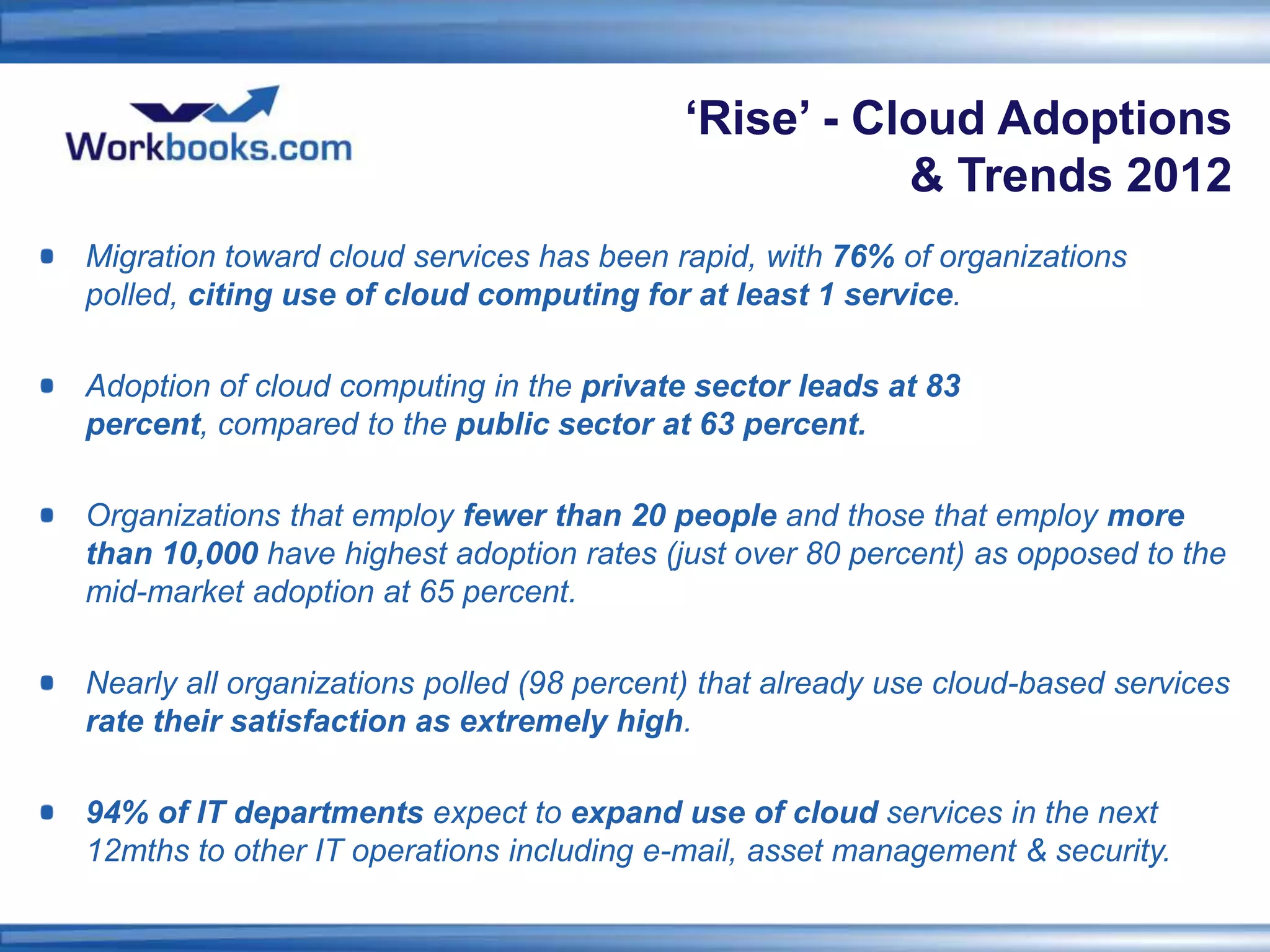 ‘Rise’ - Cloud Adoptions
                                                     & Trends 2012
Migration toward cloud services has been rapid, with 76% of organizations
polled, citing use of cloud computing for at least 1 service.

Adoption of cloud computing in the private sector leads at 83
percent, compared to the public sector at 63 percent.

Organizations that employ fewer than 20 people and those that employ more
than 10,000 have highest adoption rates (just over 80 percent) as opposed to the
mid-market adoption at 65 percent.

Nearly all organizations polled (98 percent) that already use cloud-based services
rate their satisfaction as extremely high.

94% of IT departments expect to expand use of cloud services in the next
12mths to other IT operations including e-mail, asset management & security.
 