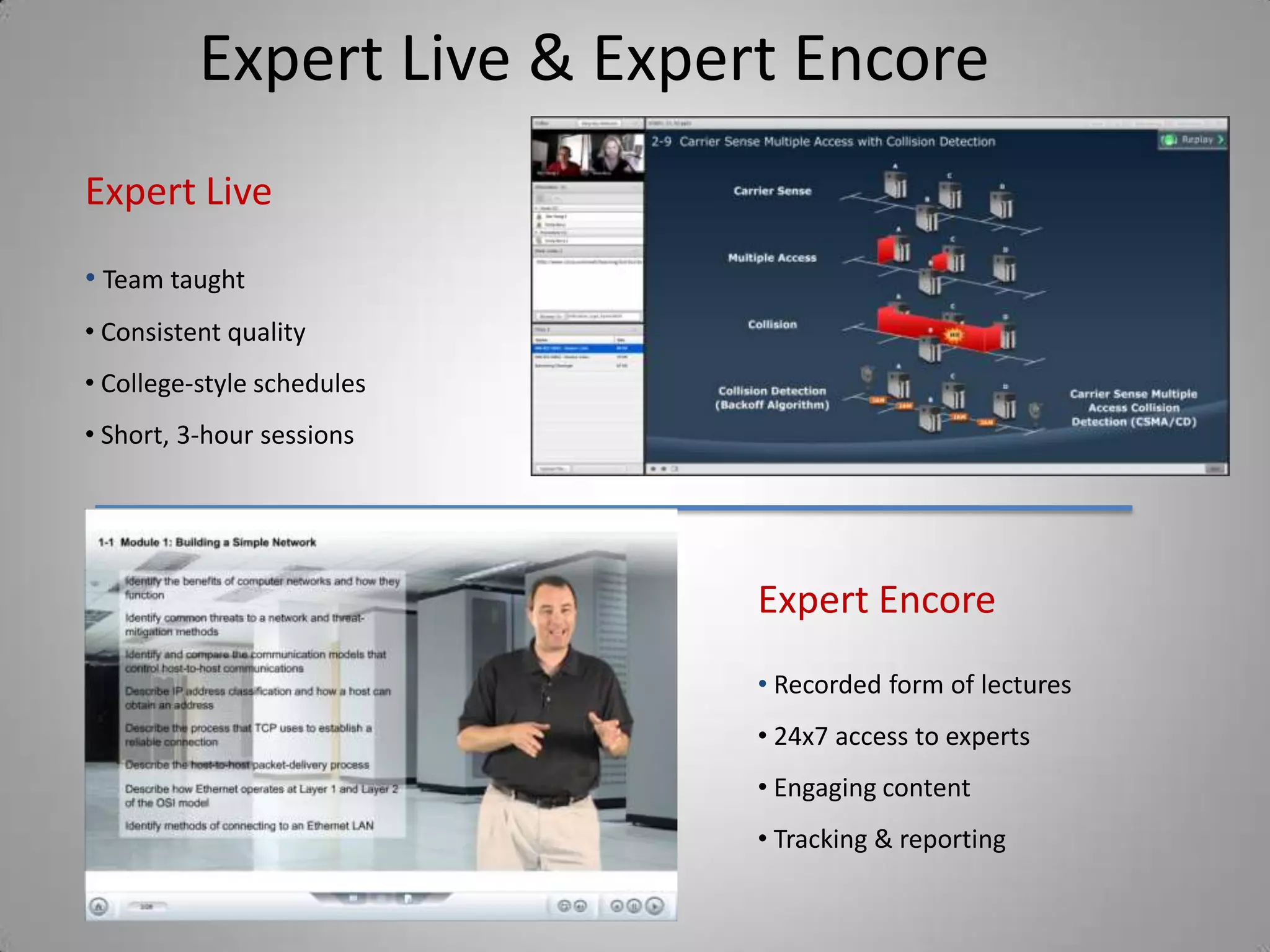 Expert Live & Expert Encore
Expert Live
• Team taught
• Consistent quality
• College-style schedules
• Short, 3-hour sessions




                             Expert Encore
                             • Recorded form of lectures
                             • 24x7 access to experts
                             • Engaging content
                             • Tracking & reporting
 