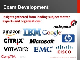 Exam Development
Insights gathered from leading subject matter
experts and organizations
                       http://www.comptiastore.com/product_p/085710iepb.htm




           3/12/2012                                                          15   15
 