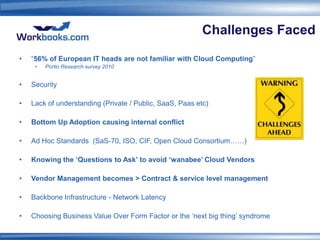 Challenges Faced

•   “56% of European IT heads are not familiar with Cloud Computing”
     •   Portio Research survey 2010


•   Security

•   Lack of understanding (Private / Public, SaaS, Paas etc)

•   Bottom Up Adoption causing internal conflict

•   Ad Hoc Standards (SaS-70, ISO, CIF, Open Cloud Consortium……)

•   Knowing the ‘Questions to Ask’ to avoid ‘wanabee’ Cloud Vendors

•   Vendor Management becomes > Contract & service level management

•   Backbone Infrastructure - Network Latency

•   Choosing Business Value Over Form Factor or the „next big thing‟ syndrome
 
