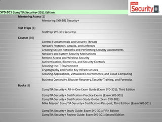 SY0-301 CompTIA Security+ 2011 Edition
            Mentoring Assets (1)
                             Mentoring SY0-301 Security+

            Test Preps (1)
                             TestPrep SY0-301 Security+
            Courses (10)
                             Control Fundamentals and Security Threats
                             Network Protocols, Attacks, and Defenses
                             Creating Secure Networks and Performing Security Assessments
                             Network and System Security Mechanisms
                             Remote Access and Wireless Security
                             Authentication, Biometrics, and Security Controls
                             Securing the IT Environment
                             Cryptography and Public Key Infrastructures
                             Securing Applications, Virtualized Environments, and Cloud Computing
                             Business Continuity, Disaster Recovery, Security Training, and Forensics
            Books (6)
                             CompTIA Security+: All-in-One Exam Guide (Exam SY0-301); Third Edition
                             CompTIA Security+ Certification Practice Exams (Exam SY0-301)
                             CompTIA Security+ Certification Study Guide (Exam SY0-301)
                             Mike Meyers' CompTIA Security+ Certification Passport; Third Edition (Exam SY0-301)

                             CompTIA Security+ Study Guide: Exam SY0-301; Fifth Edition
                             CompTIA Security+ Review Guide: Exam SY0-301; Second Edition
 