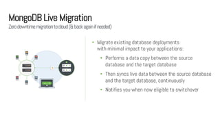•  Migrate existing database deployments
with minimal impact to your applications:
•  Performs a data copy between the source
database and the target database
•  Then syncs live data between the source database
and the target database, continuously
•  Notifies you when now eligible to switchover
Zerodowntimemigrationtocloud(&backagainifneeded)
MongoDB Live Migration
 