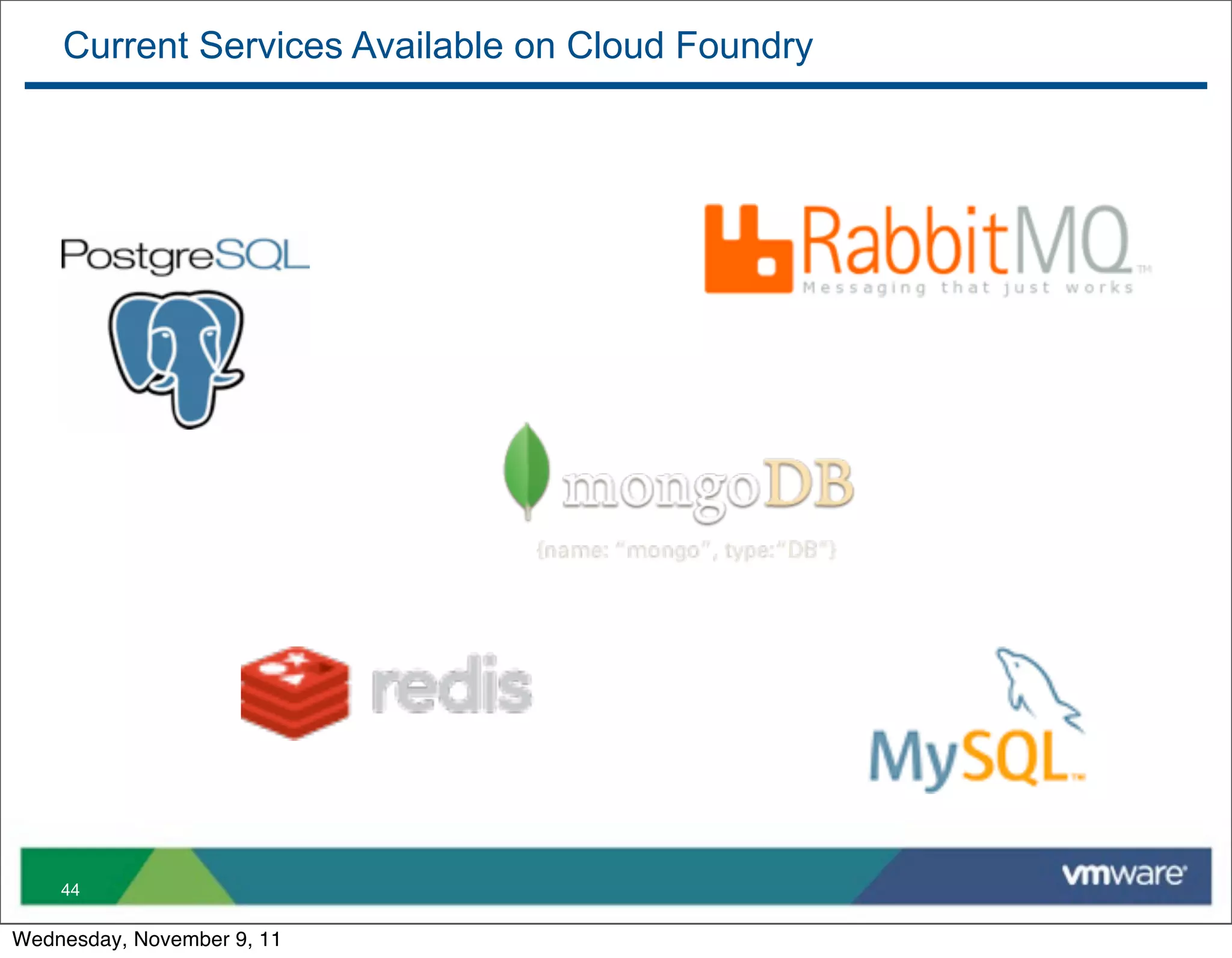 Current Services Available on Cloud Foundry




    44

Wednesday, November 9, 11
 