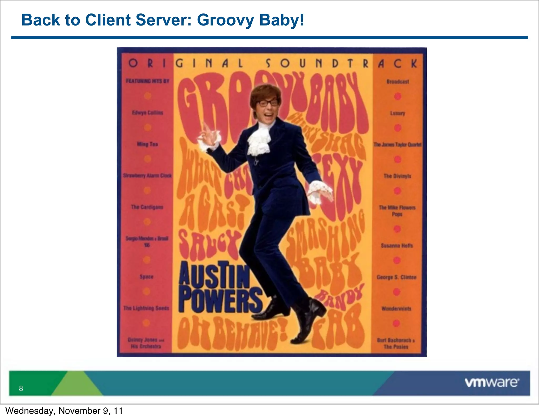 Back to Client Server: Groovy Baby!




  8


Wednesday, November 9, 11
 