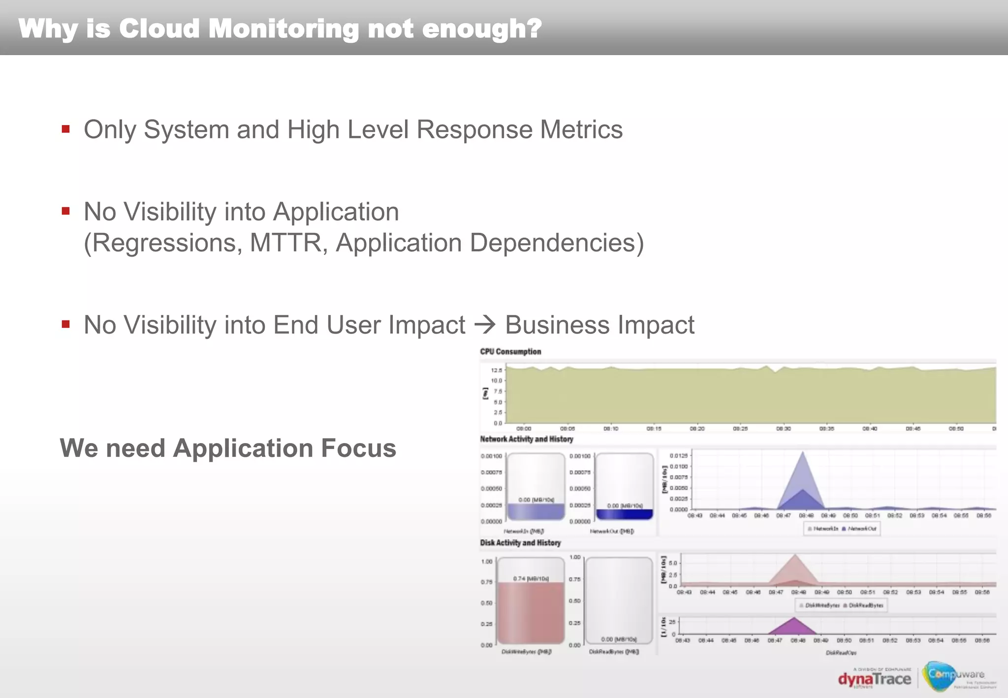 Why is Cloud Monitoring not enough?


   Only System and High Level Response Metrics


   No Visibility into Application
    (Regressions, MTTR, Application Dependencies)


   No Visibility into End User Impact  Business Impact



  We need Application Focus
 